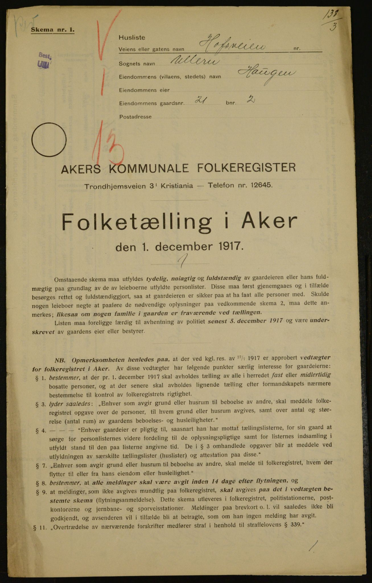 OBA, Kommunal folketelling 1.12.1917 for Aker, 1917, s. 4246