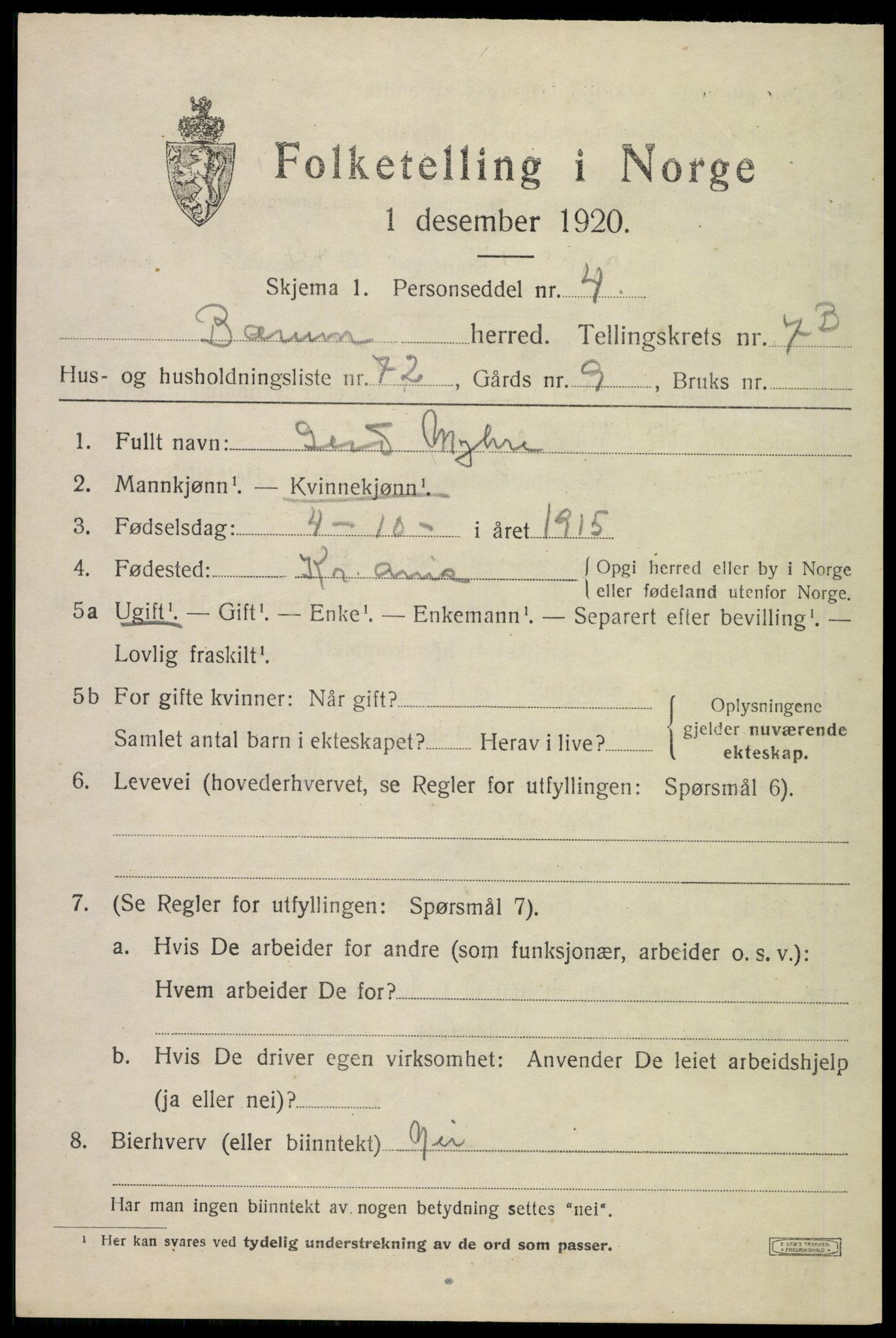 SAO, Folketelling 1920 for 0219 Bærum herred, 1920, s. 18140