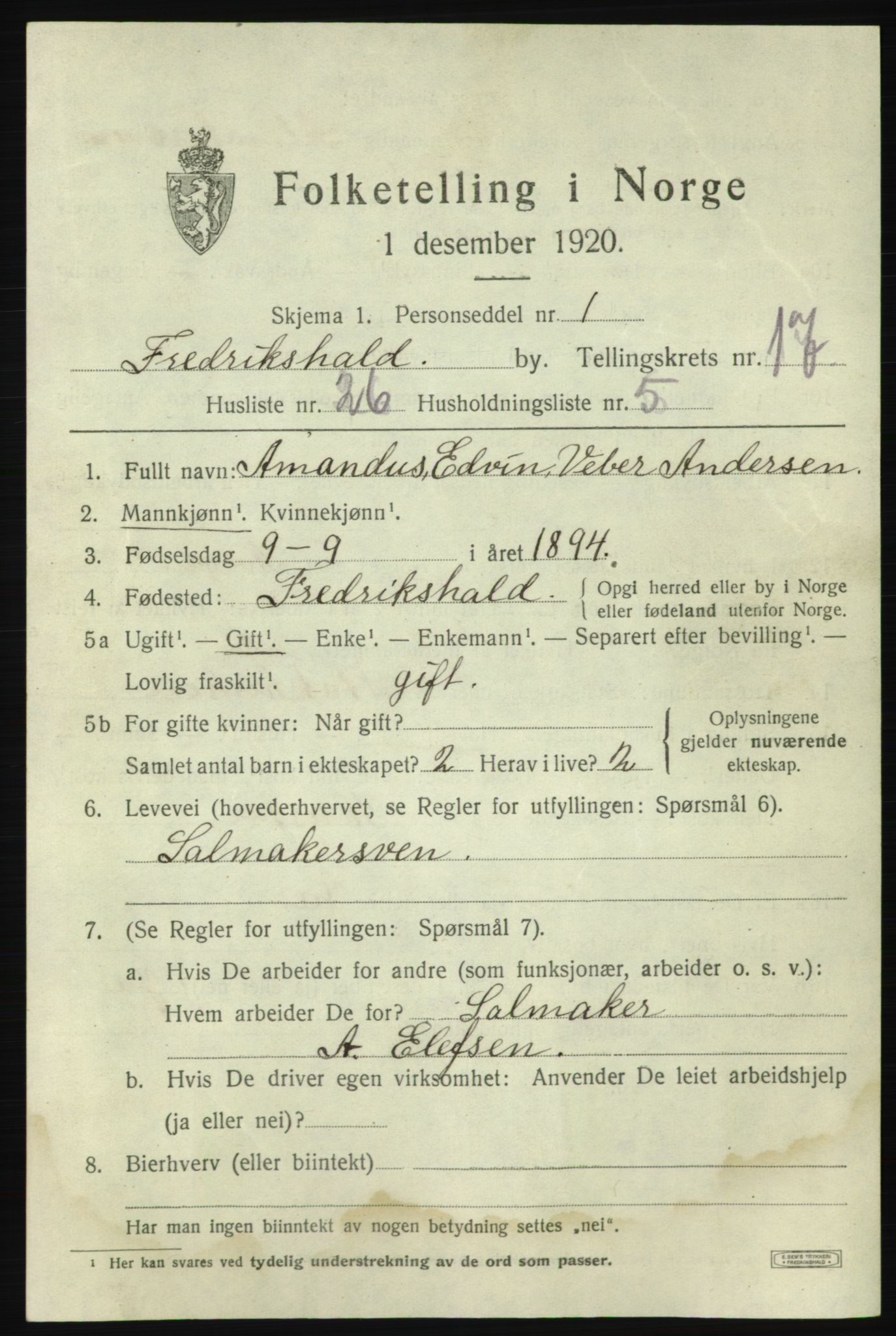 SAO, Folketelling 1920 for 0101 Fredrikshald kjøpstad, 1920, s. 26506