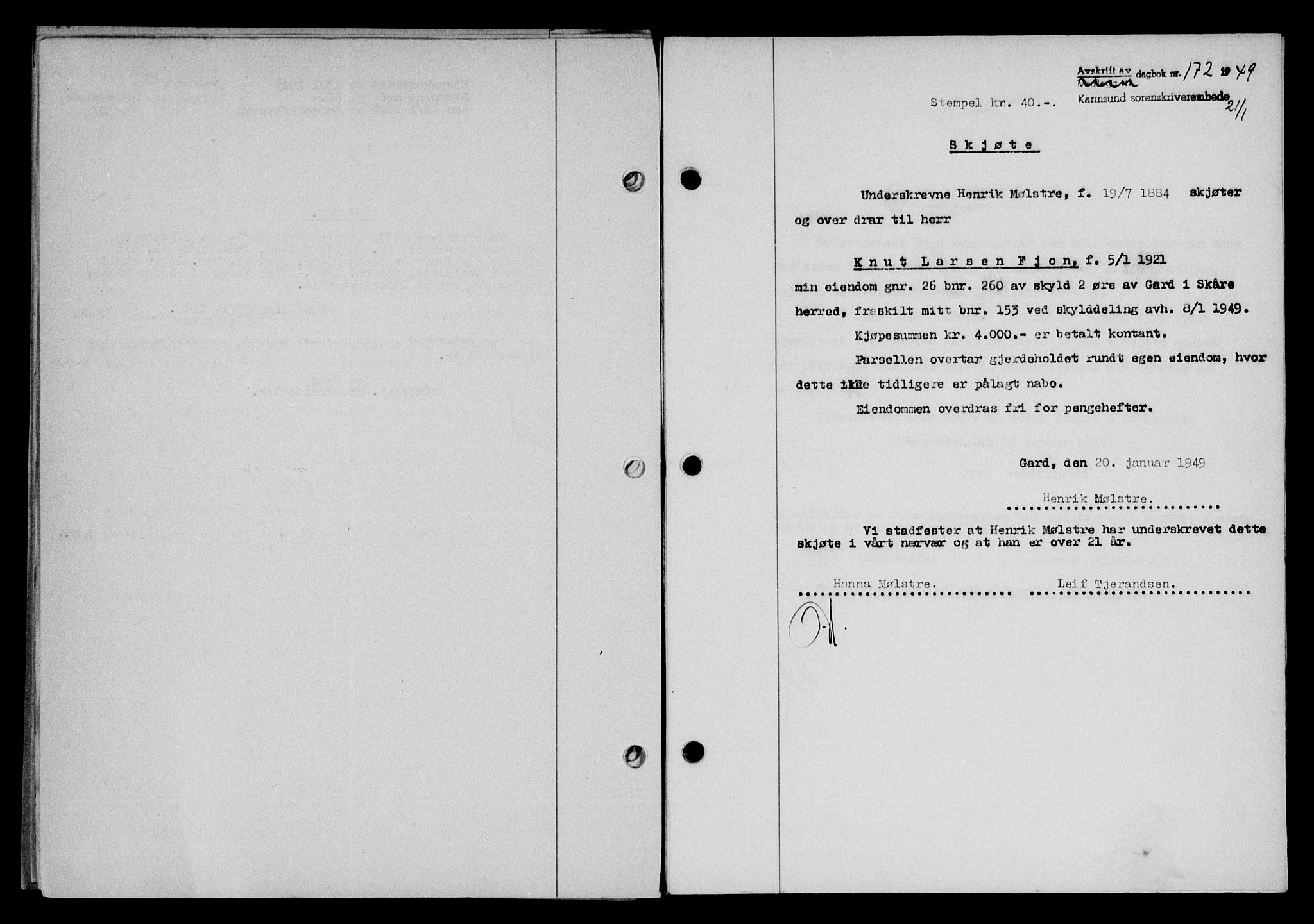 Karmsund sorenskriveri, SAST/A-100311/01/II/IIB/L0095: Pantebok nr. 75A, 1948-1949, Dagboknr: 172/1949