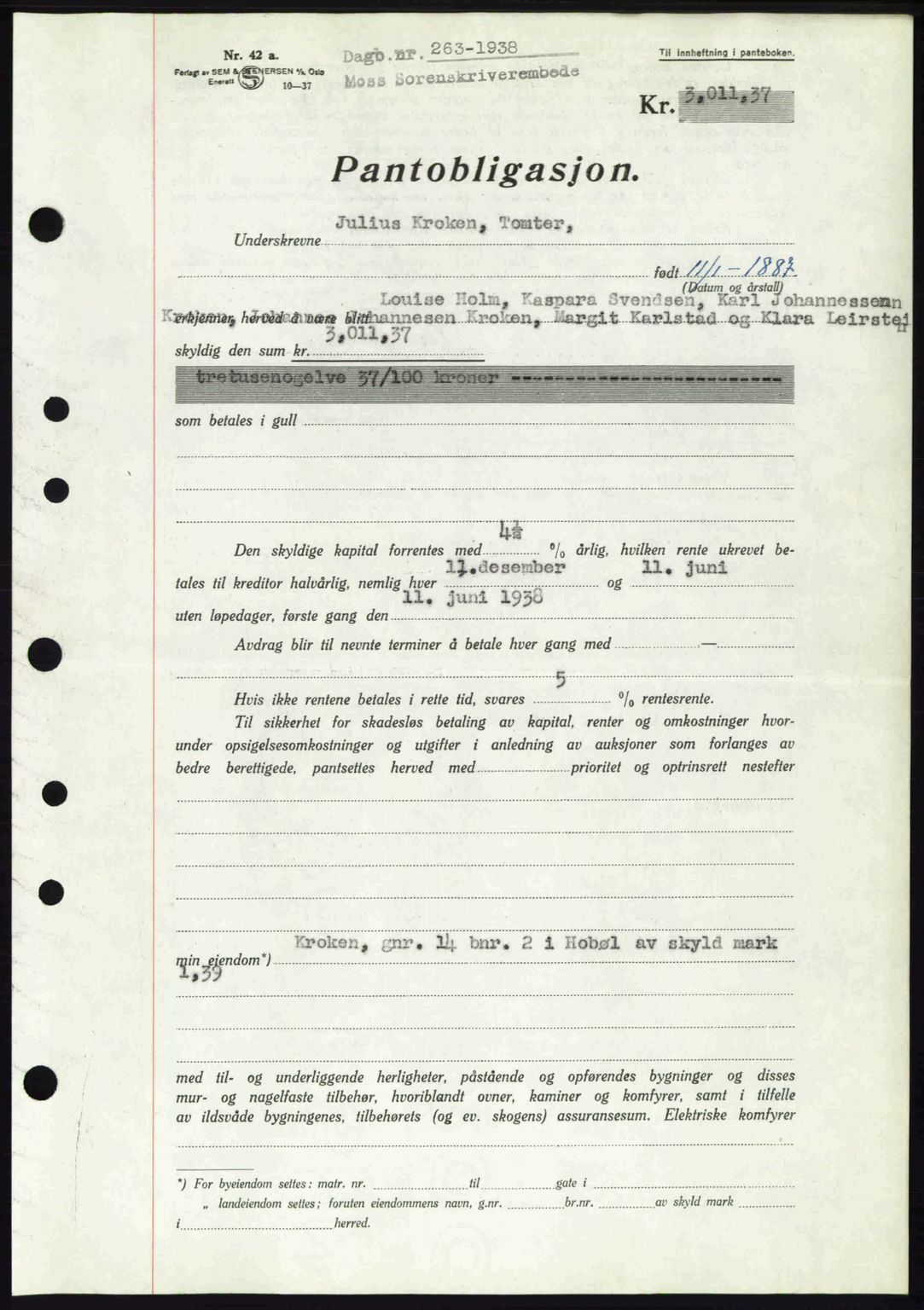 Moss sorenskriveri, AV/SAO-A-10168: Pantebok nr. B5, 1938-1938, Dagboknr: 263/1938