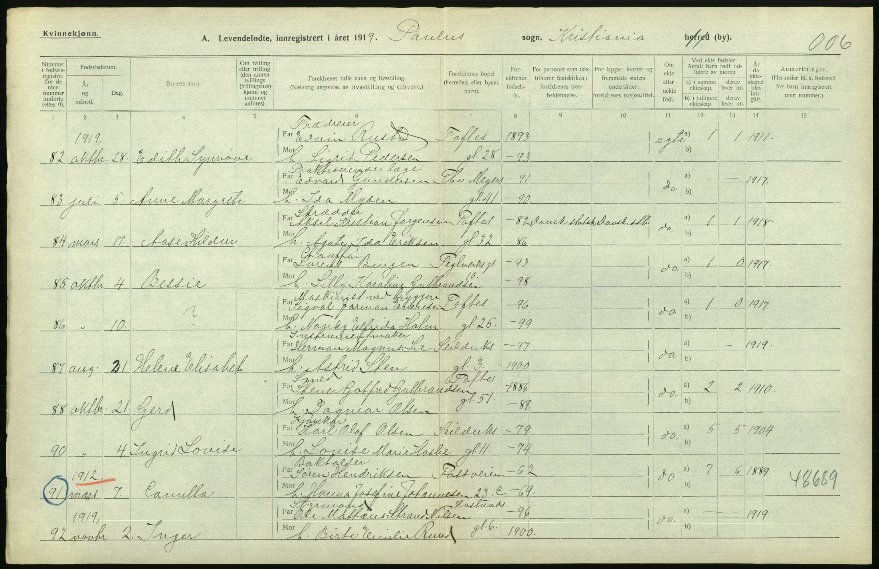 Statistisk sentralbyrå, Sosiodemografiske emner, Befolkning, AV/RA-S-2228/D/Df/Dfb/Dfbi/L0008: Kristiania: Levendefødte menn og kvinner., 1919