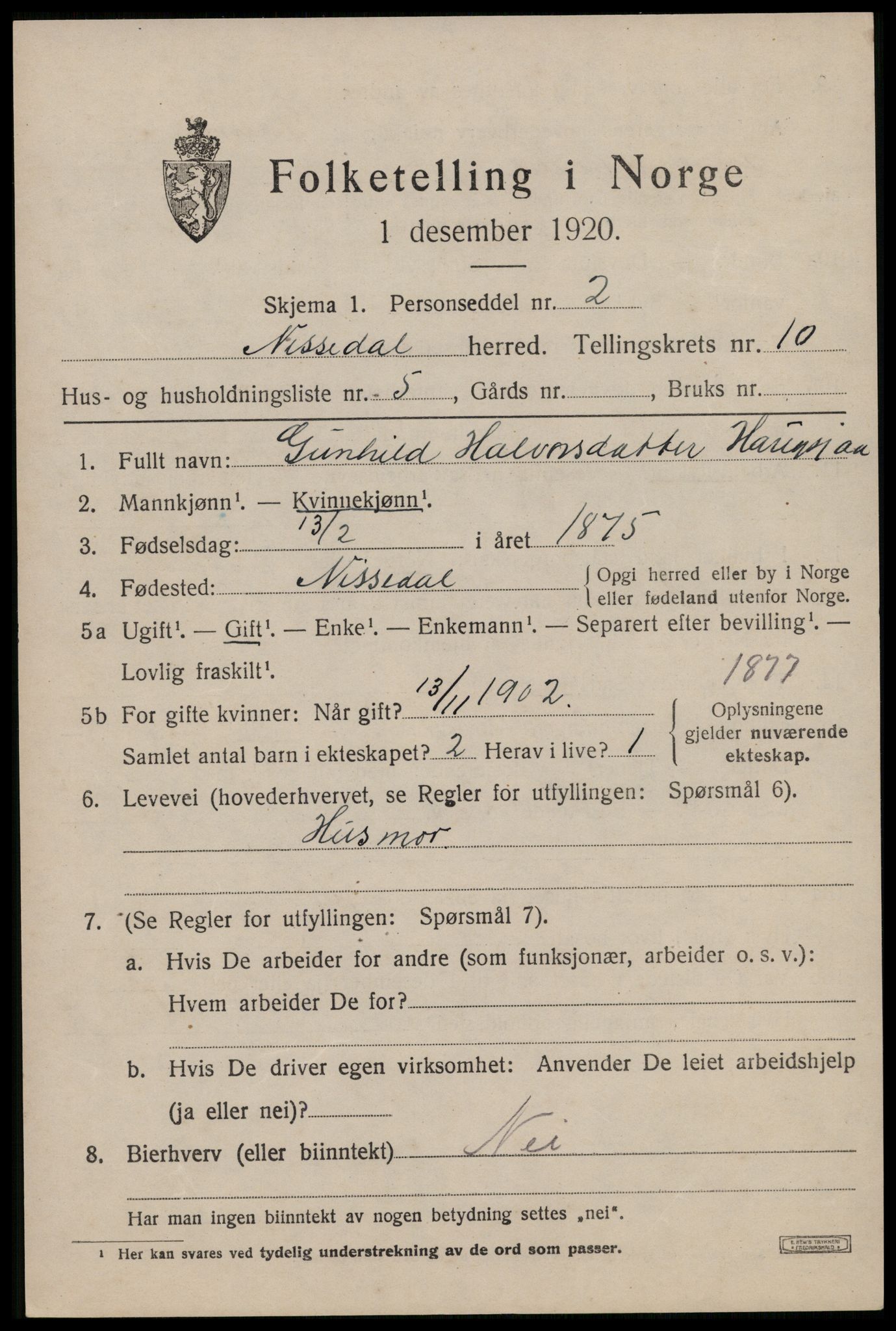 SAKO, Folketelling 1920 for 0830 Nissedal herred, 1920, s. 3919