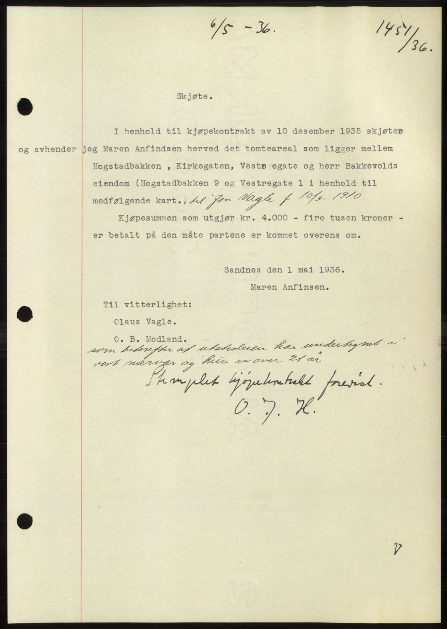 Jæren sorenskriveri, SAST/A-100310/03/G/Gba/L0065: Pantebok nr. 71, 1936-1936, Dagboknr: 1451/1936