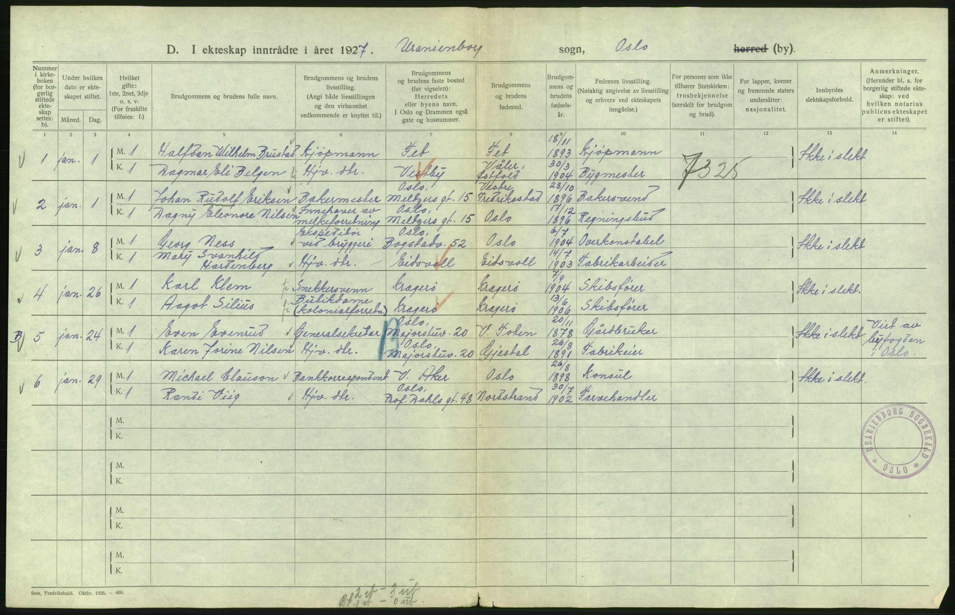 Statistisk sentralbyrå, Sosiodemografiske emner, Befolkning, AV/RA-S-2228/D/Df/Dfc/Dfcg/L0008: Oslo: Gifte, 1927, s. 202