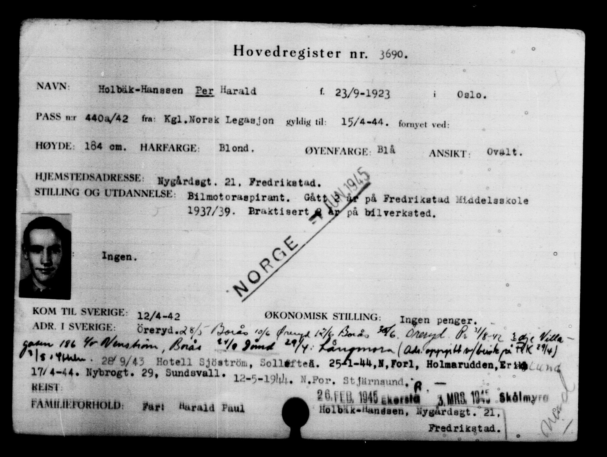 Utenriksstasjonene, Legasjonen i Stockholm, Flyktningkontoret, AV/RA-S-6753/V/Va/L0004: Kjesäterkartoteket, flyktninger med registreringsnr. 3496-6610, 1940-1945, s. 224