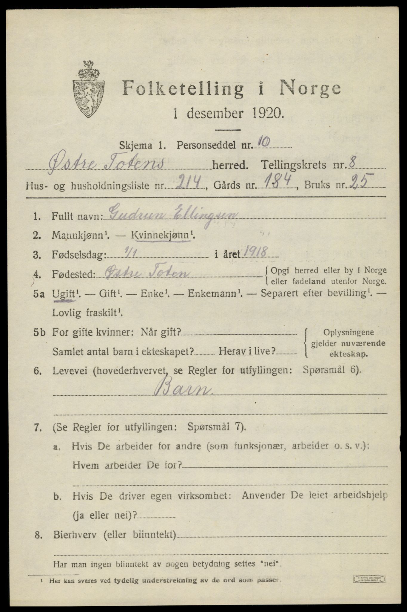 SAH, Folketelling 1920 for 0528 Østre Toten herred, 1920, s. 18136