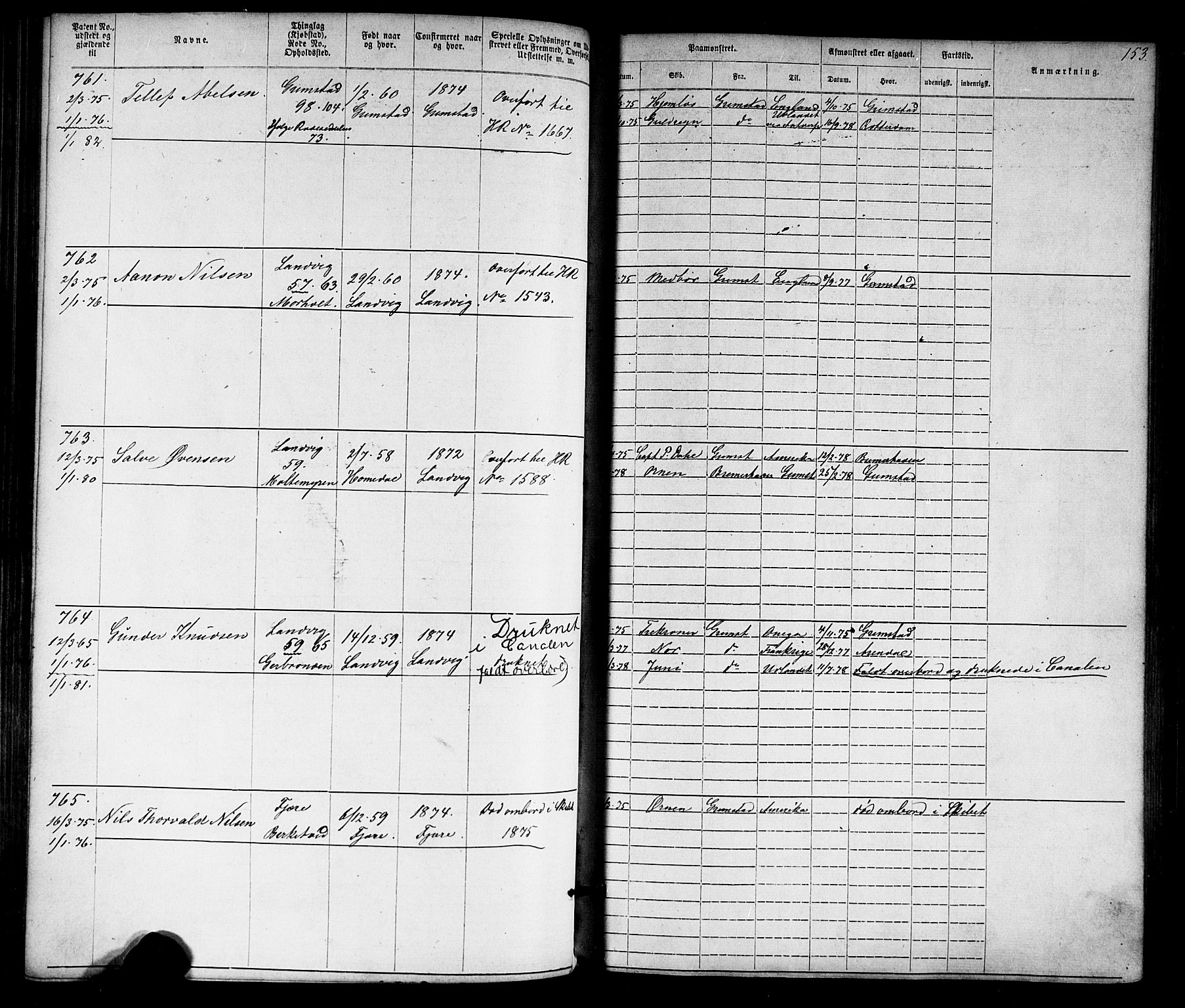 Grimstad mønstringskrets, SAK/2031-0013/F/Fa/L0005: Annotasjonsrulle nr 1-1910 med register, V-18, 1870-1892, s. 180