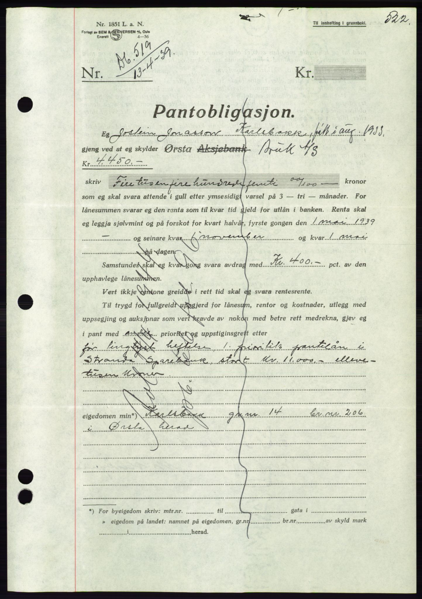 Søre Sunnmøre sorenskriveri, AV/SAT-A-4122/1/2/2C/L0067: Pantebok nr. 61, 1938-1939, Dagboknr: 519/1939