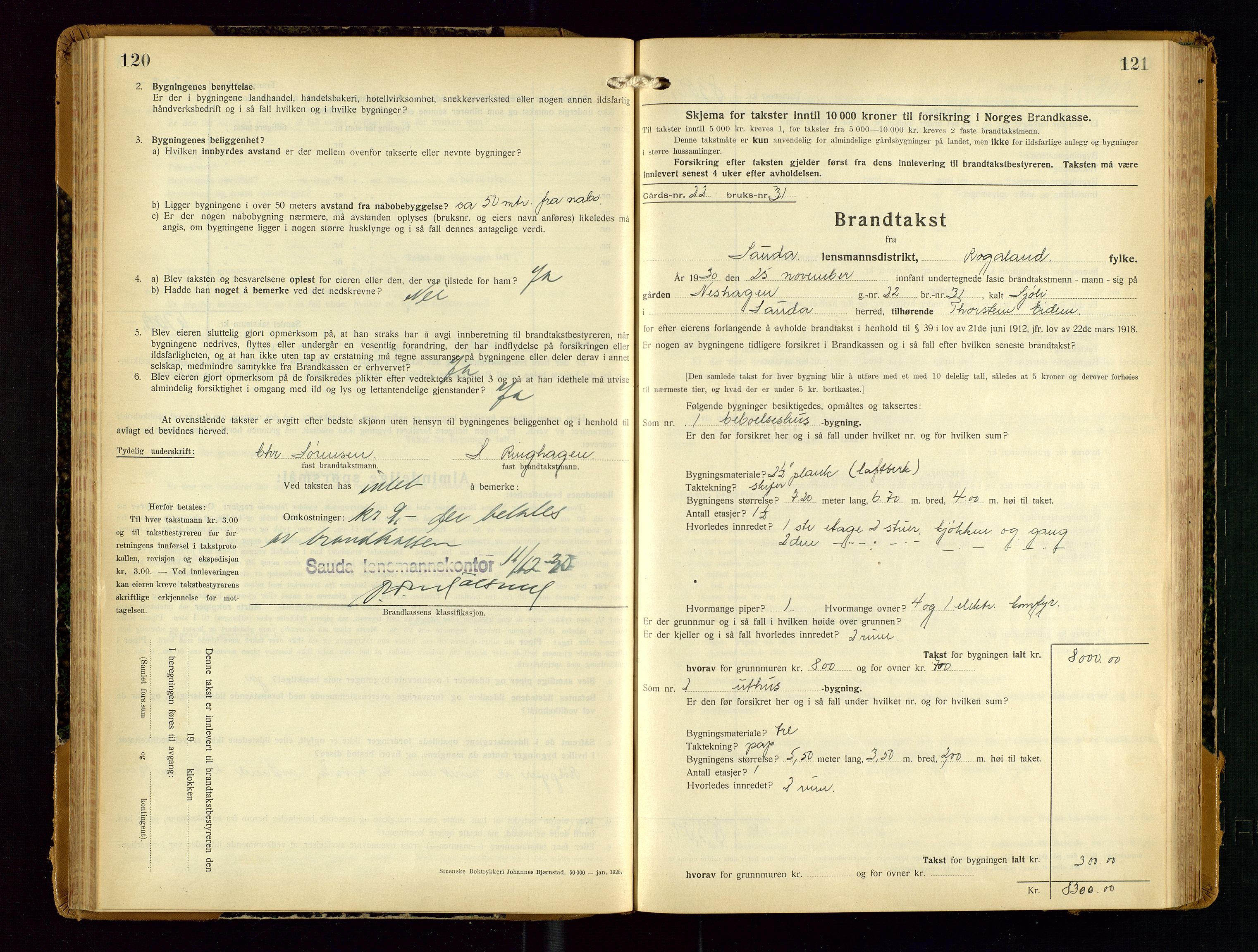 Sauda lensmannskontor, AV/SAST-A-100177/Gob/L0003: Branntakstprotokoll - skjematakst, 1928-1936, s. 120-121