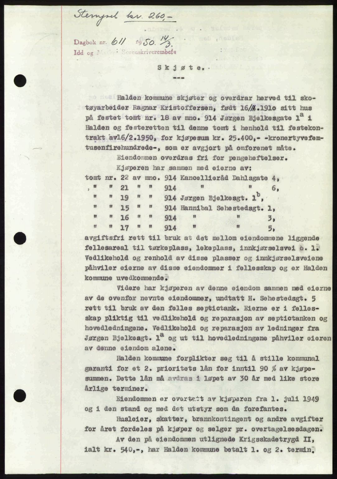 Idd og Marker sorenskriveri, AV/SAO-A-10283/G/Gb/Gbb/L0014: Pantebok nr. A14, 1950-1950, Dagboknr: 611/1950