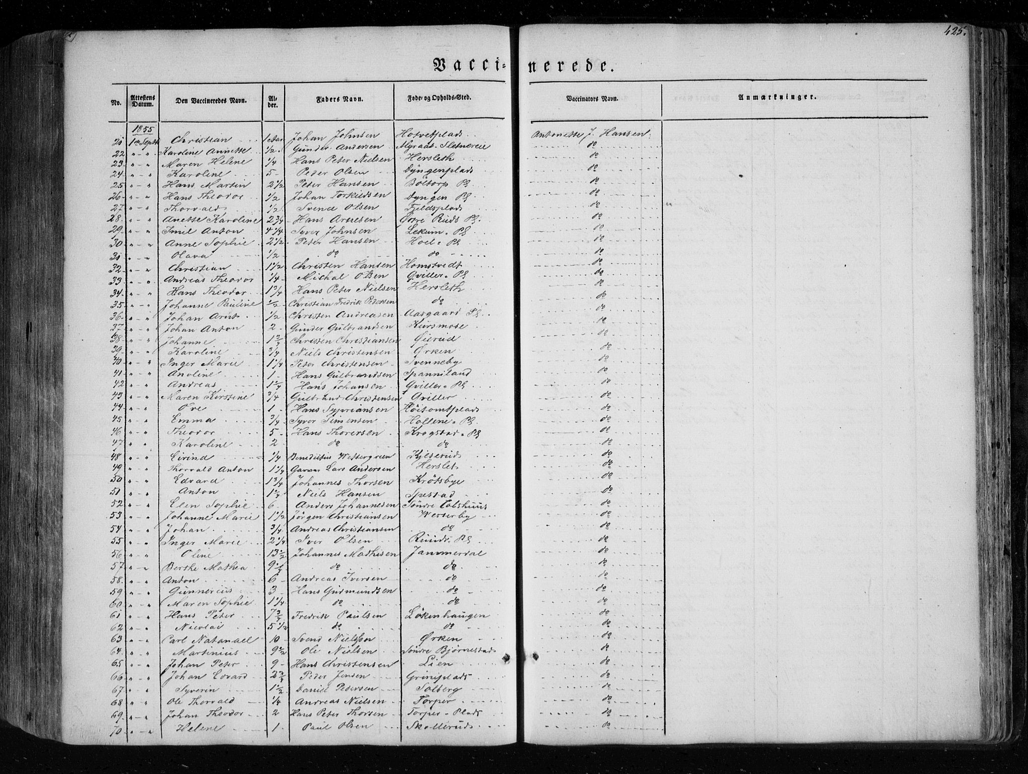 Eidsberg prestekontor Kirkebøker, SAO/A-10905/F/Fa/L0009: Ministerialbok nr. I 9, 1849-1856, s. 425