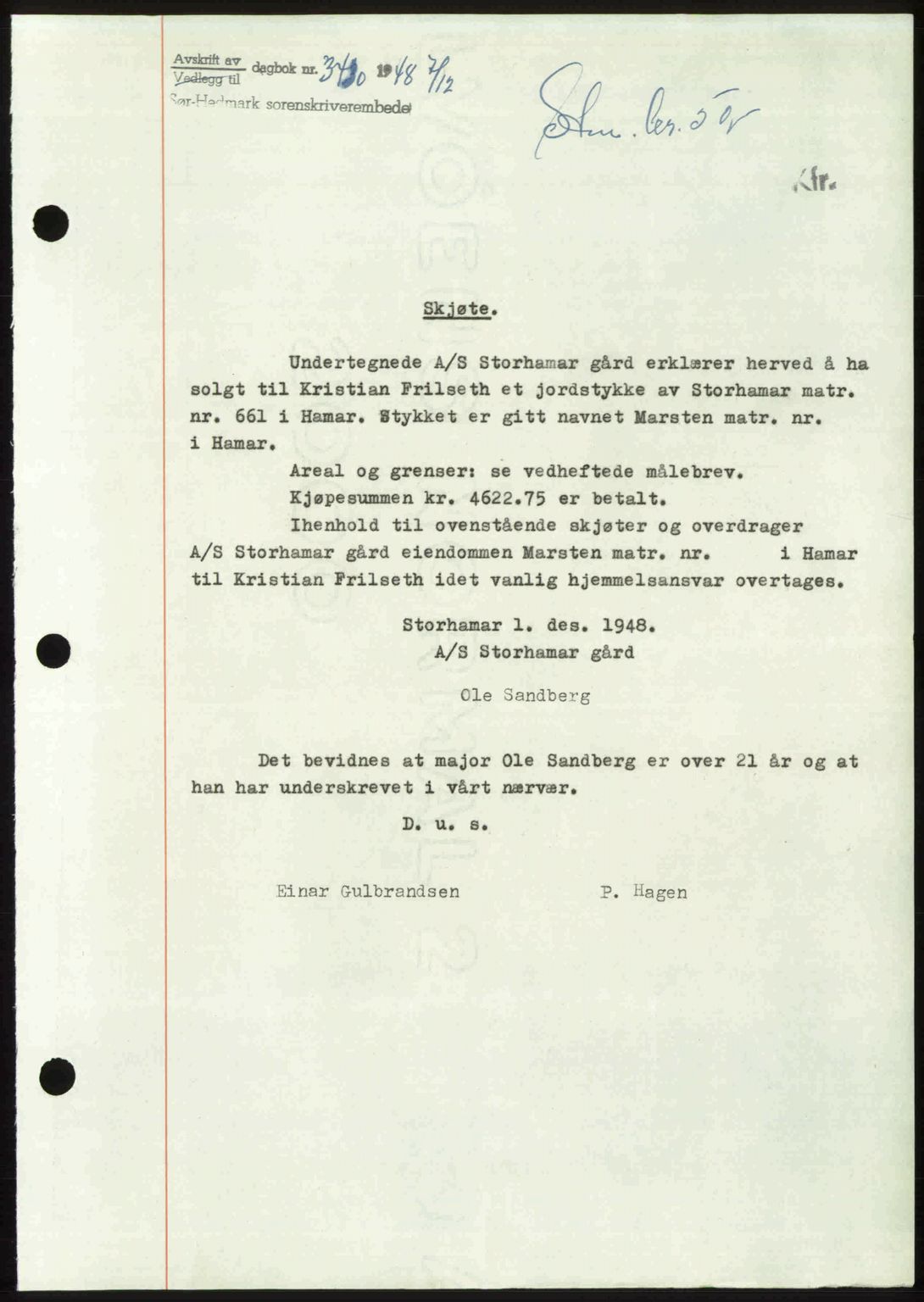 Sør-Hedmark sorenskriveri, SAH/TING-014/H/Hb/Hbd/L0018: Pantebok nr. 18, 1948-1949, Dagboknr: 3430/1948