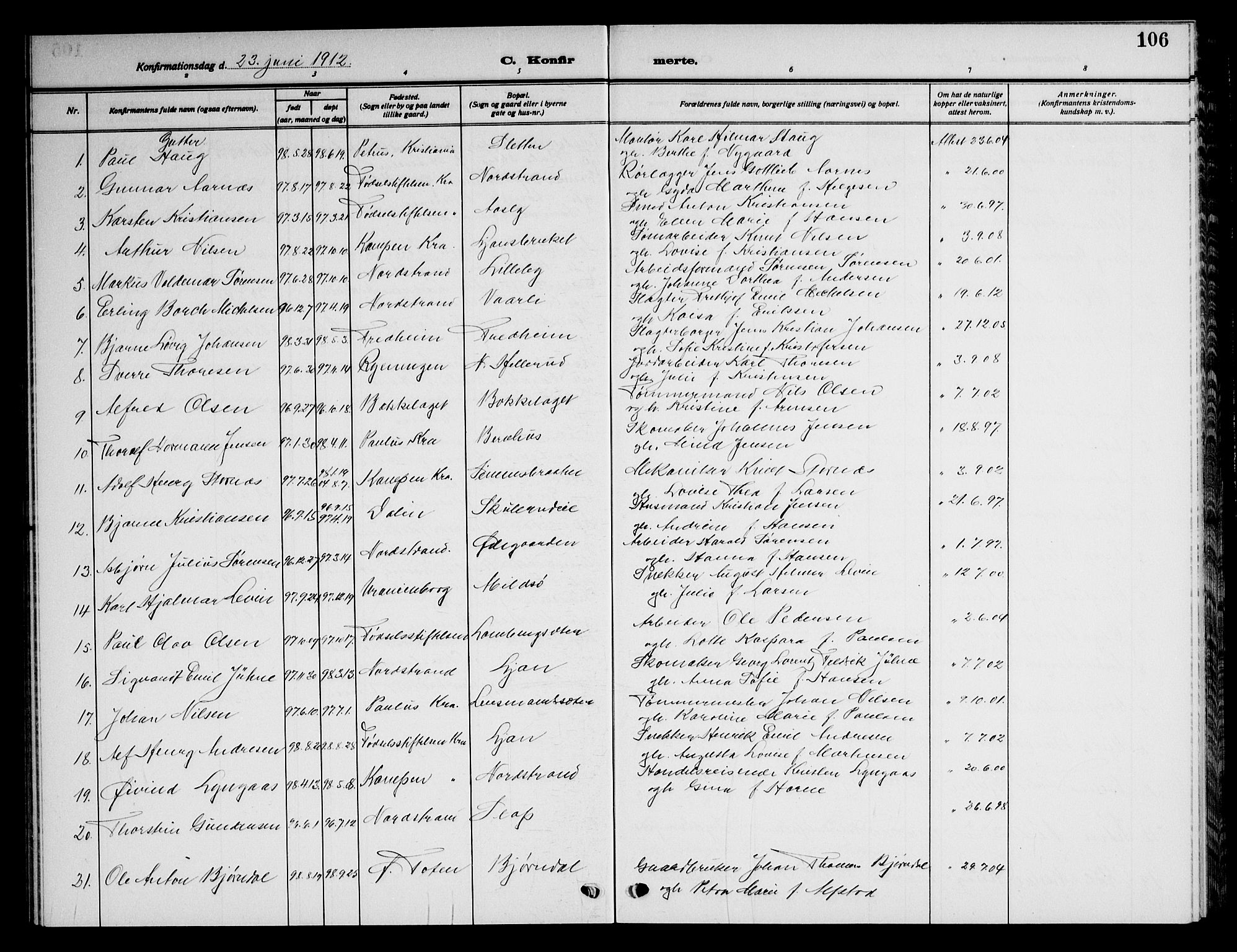 Nordstrand prestekontor Kirkebøker, AV/SAO-A-10362a/G/Ga/L0001: Klokkerbok nr. I 1, 1911-1918, s. 106