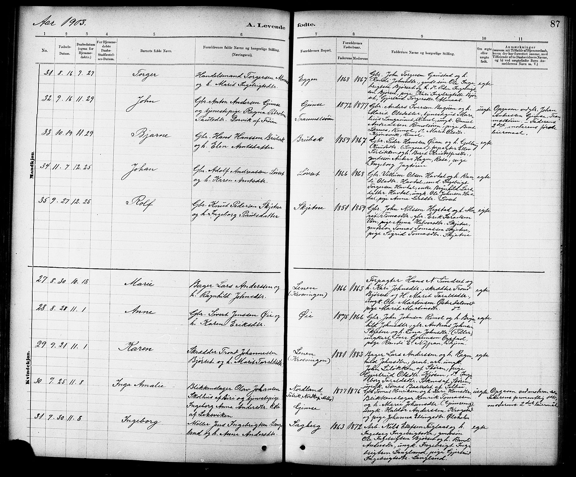 Ministerialprotokoller, klokkerbøker og fødselsregistre - Sør-Trøndelag, SAT/A-1456/691/L1094: Klokkerbok nr. 691C05, 1879-1911, s. 87