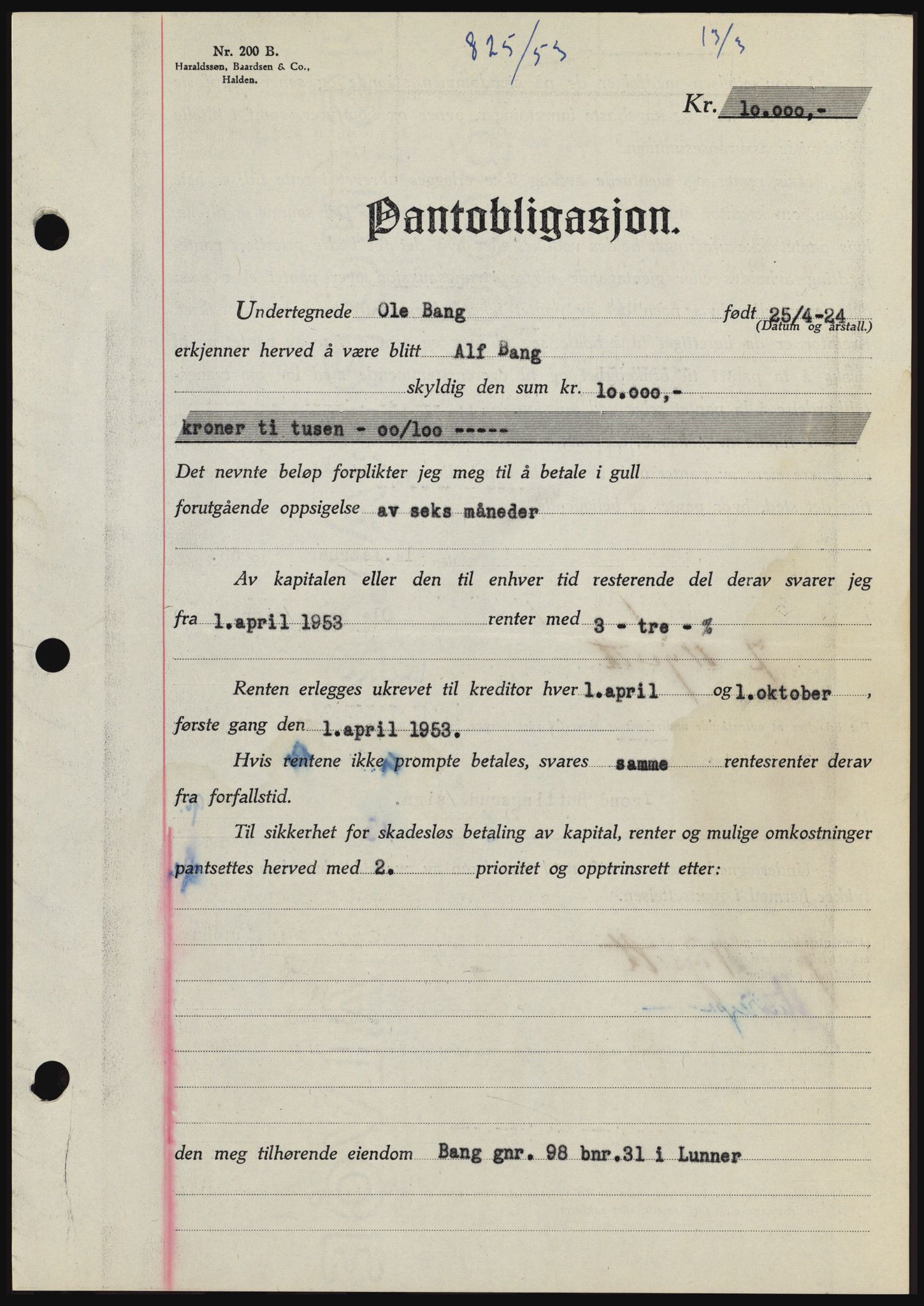 Hadeland og Land tingrett, SAH/TING-010/H/Hb/Hbc/L0026: Pantebok nr. B26, 1953-1953, Dagboknr: 825/1953