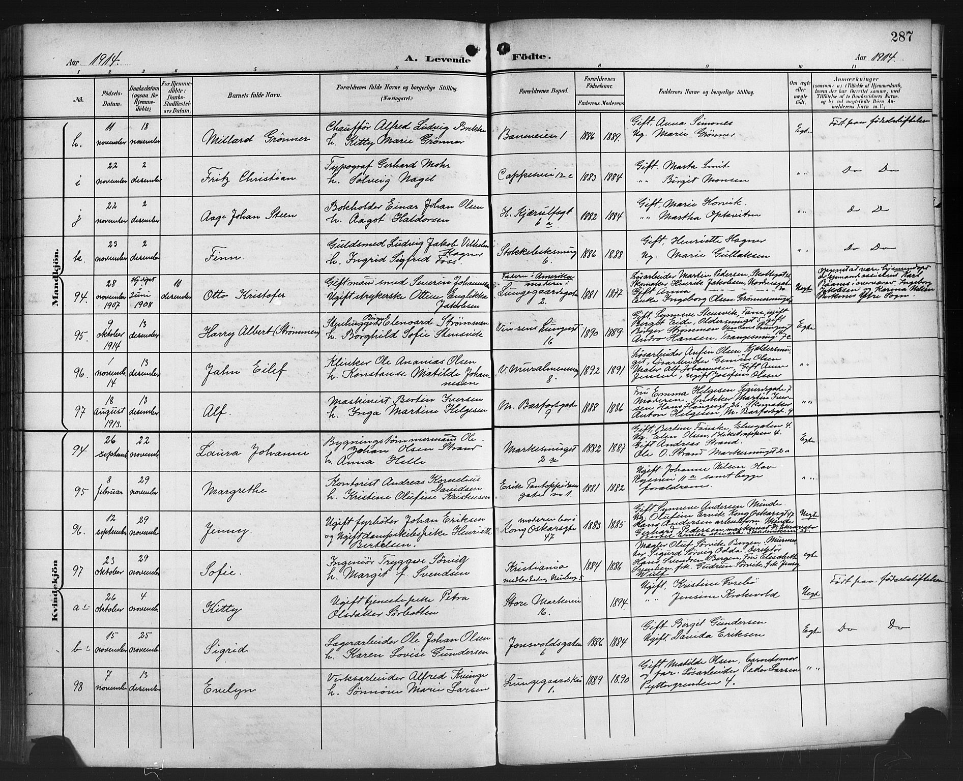 Domkirken sokneprestembete, AV/SAB-A-74801/H/Hab/L0017: Klokkerbok nr. B 10, 1900-1915, s. 287