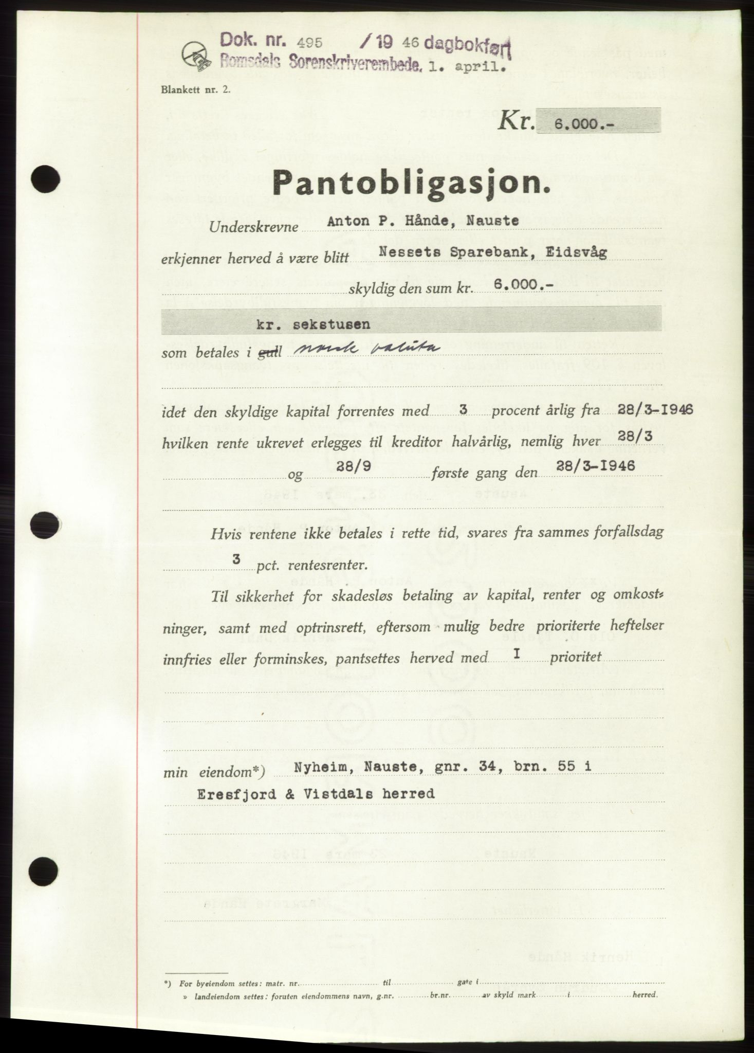 Romsdal sorenskriveri, SAT/A-4149/1/2/2C: Pantebok nr. B3, 1946-1948, Dagboknr: 495/1946