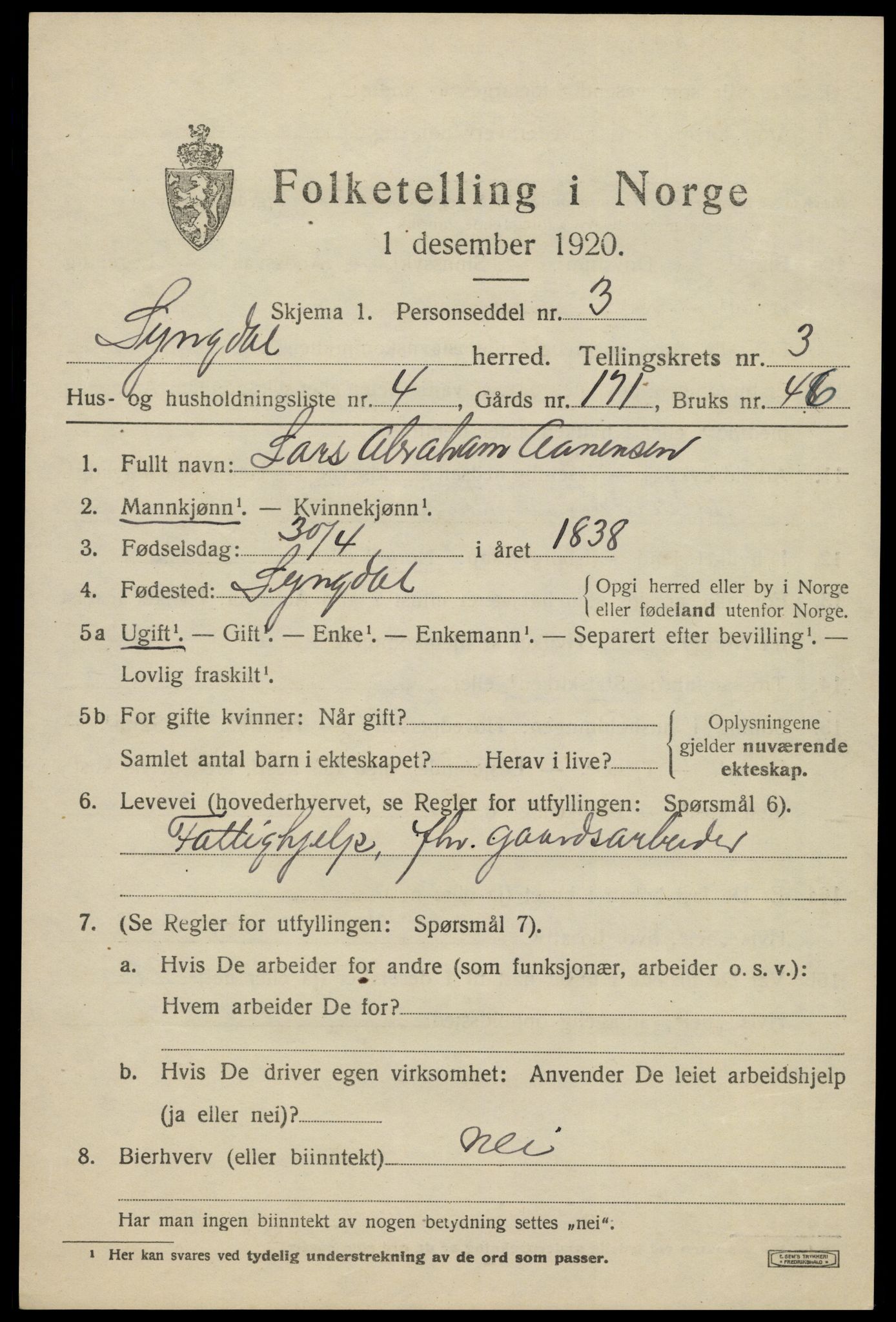 SAK, Folketelling 1920 for 1032 Lyngdal herred, 1920, s. 1949