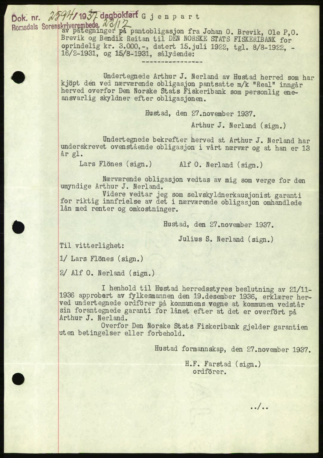 Romsdal sorenskriveri, SAT/A-4149/1/2/2C: Pantebok nr. B1, 1936-1939, Dagboknr: 2594/1937
