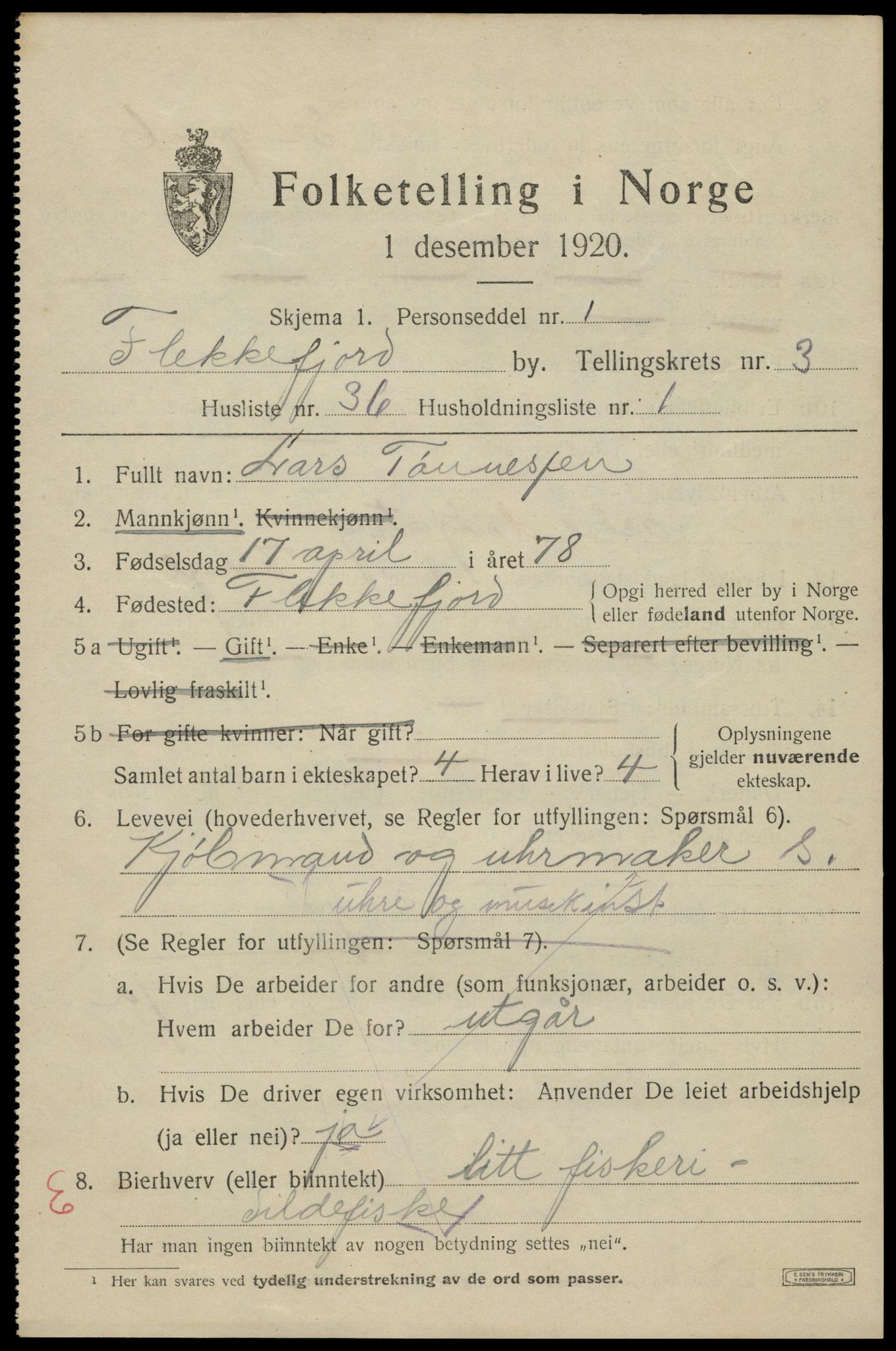 SAK, Folketelling 1920 for 1004 Flekkefjord kjøpstad, 1920, s. 3820