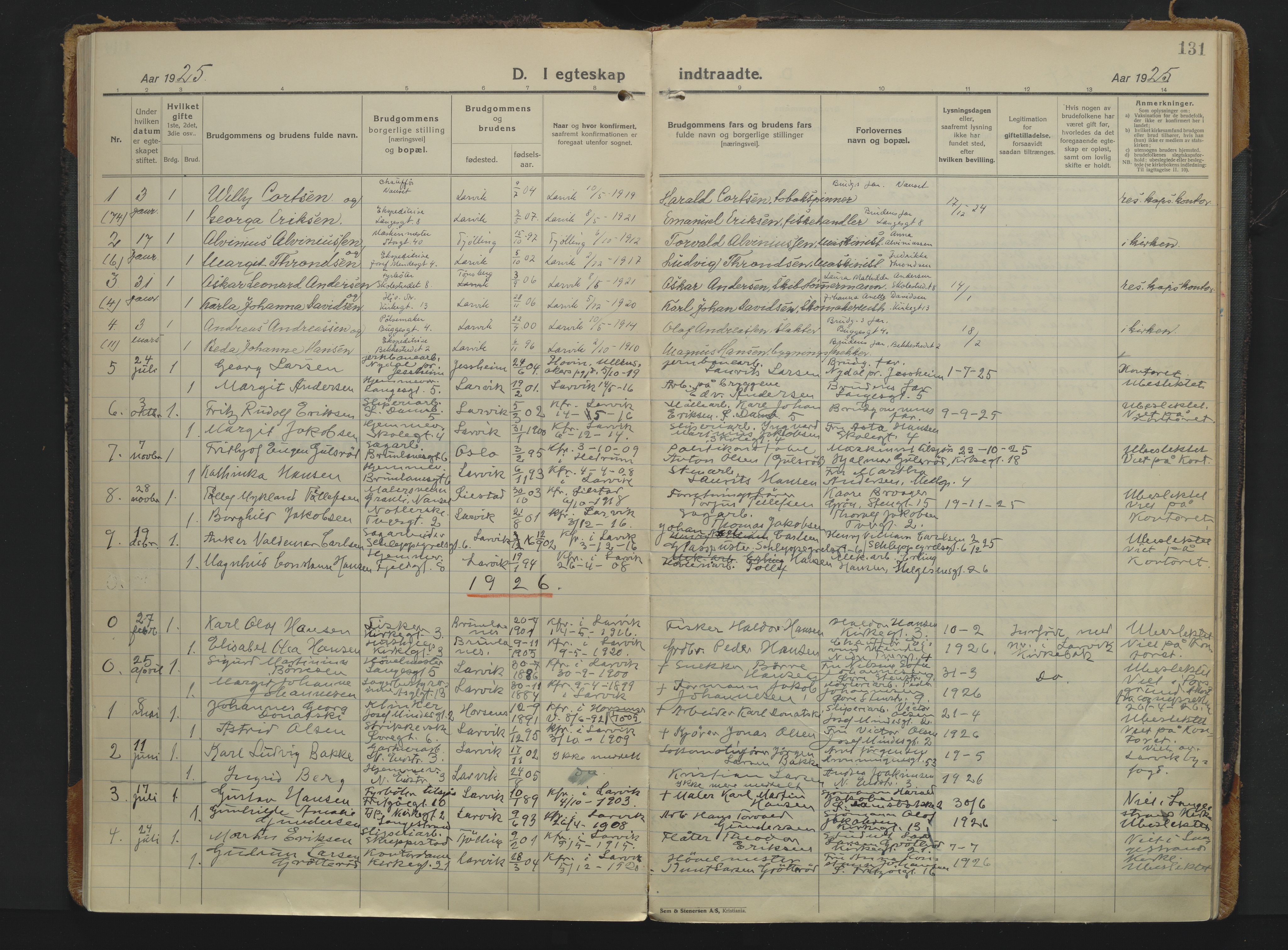 Larvik kirkebøker, AV/SAKO-A-352/F/Fb/L0006: Ministerialbok nr. II 6, 1925-1961, s. 131