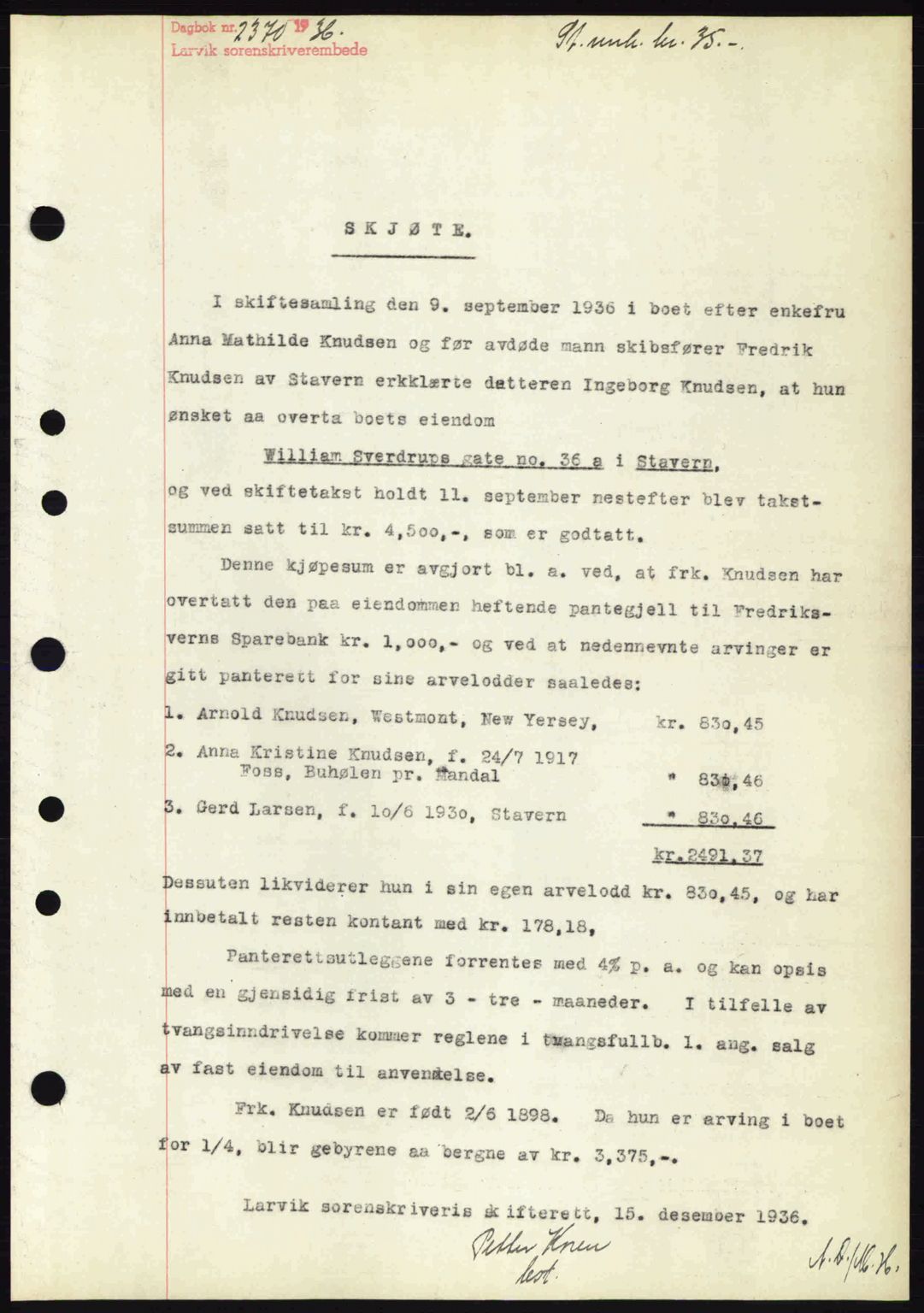 Larvik sorenskriveri, SAKO/A-83/G/Ga/Gab/L0067: Pantebok nr. A-1, 1936-1937, Dagboknr: 2370/1936