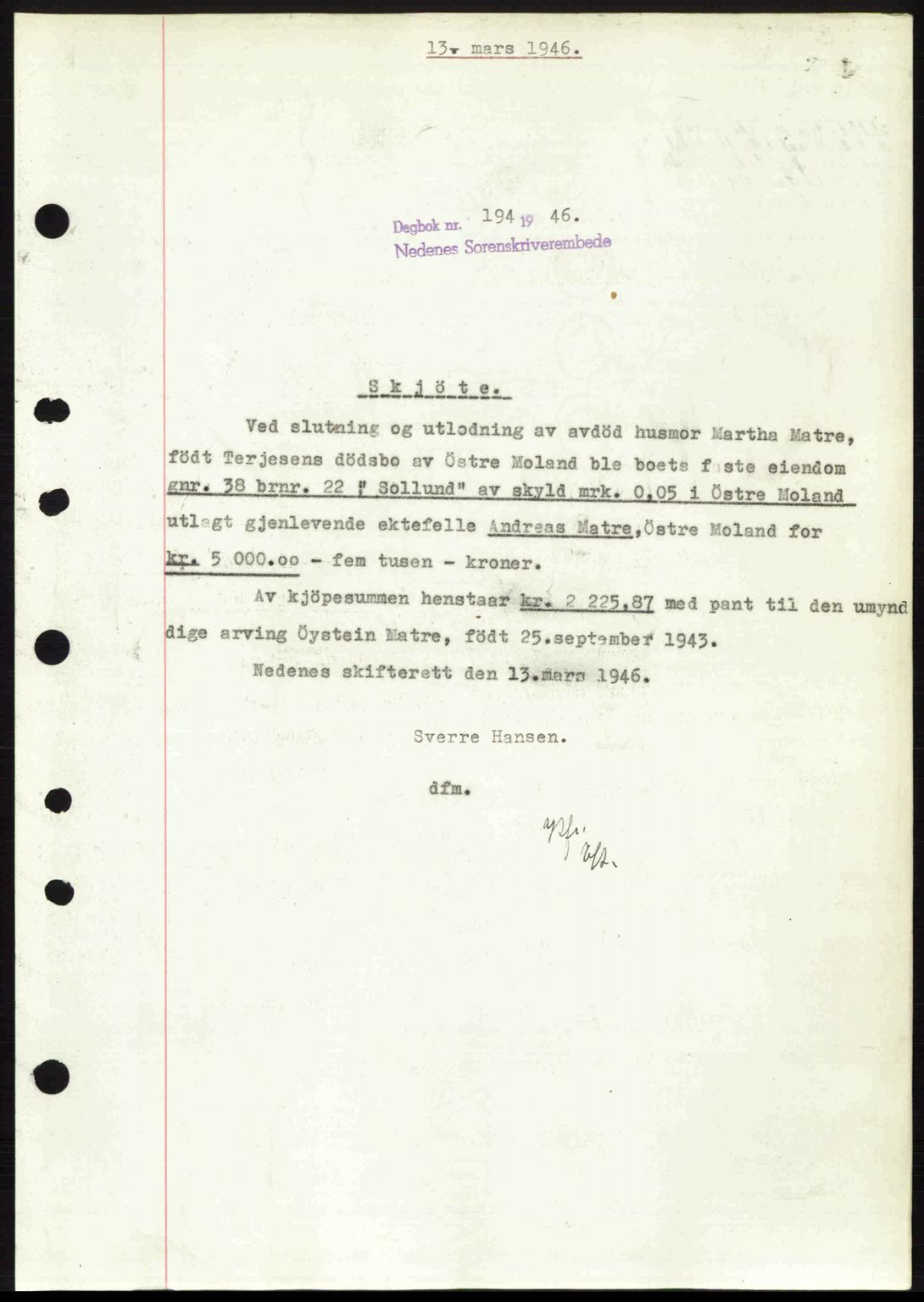 Nedenes sorenskriveri, AV/SAK-1221-0006/G/Gb/Gba/L0054: Pantebok nr. A6c, 1946-1946, Dagboknr: 194/1946