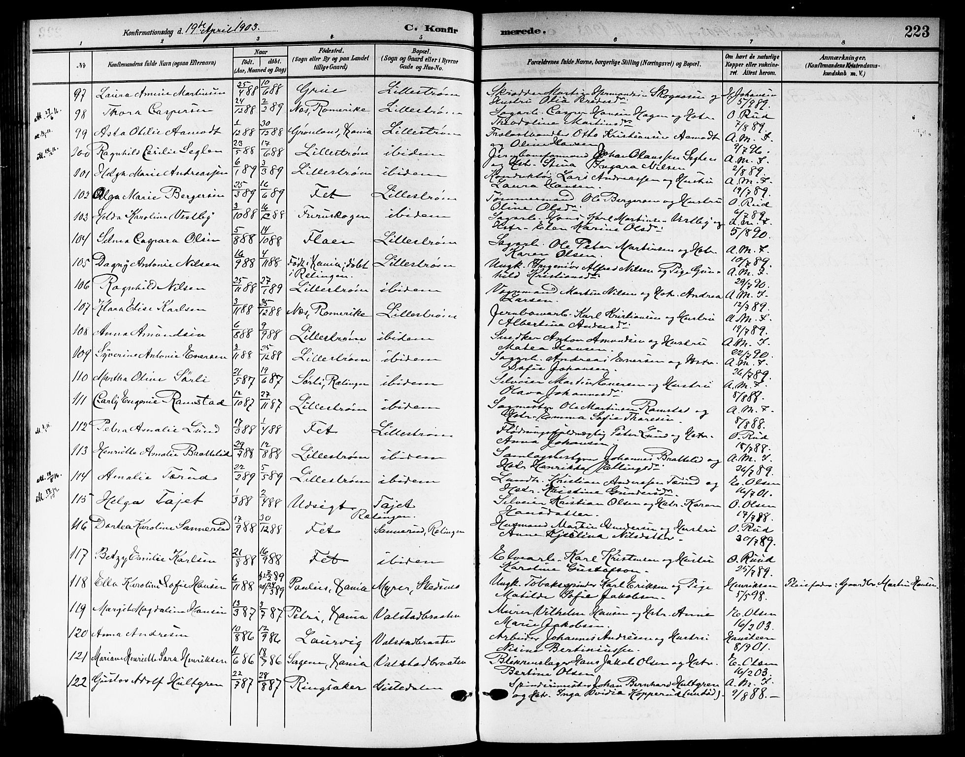 Skedsmo prestekontor Kirkebøker, AV/SAO-A-10033a/G/Ga/L0005b: Klokkerbok nr. I 5B, 1902-1911, s. 223