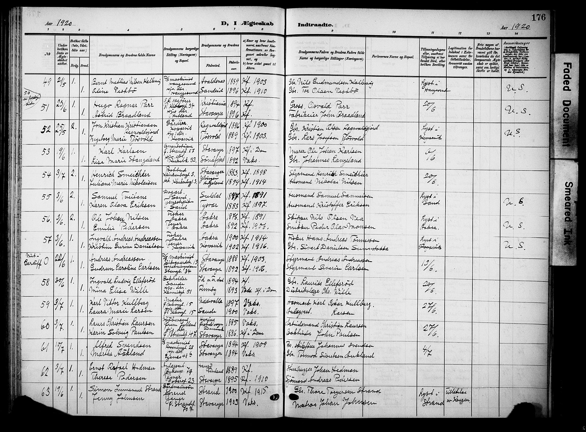 Domkirken sokneprestkontor, AV/SAST-A-101812/001/30/30BB/L0017: Klokkerbok nr. B 17, 1902-1921, s. 176