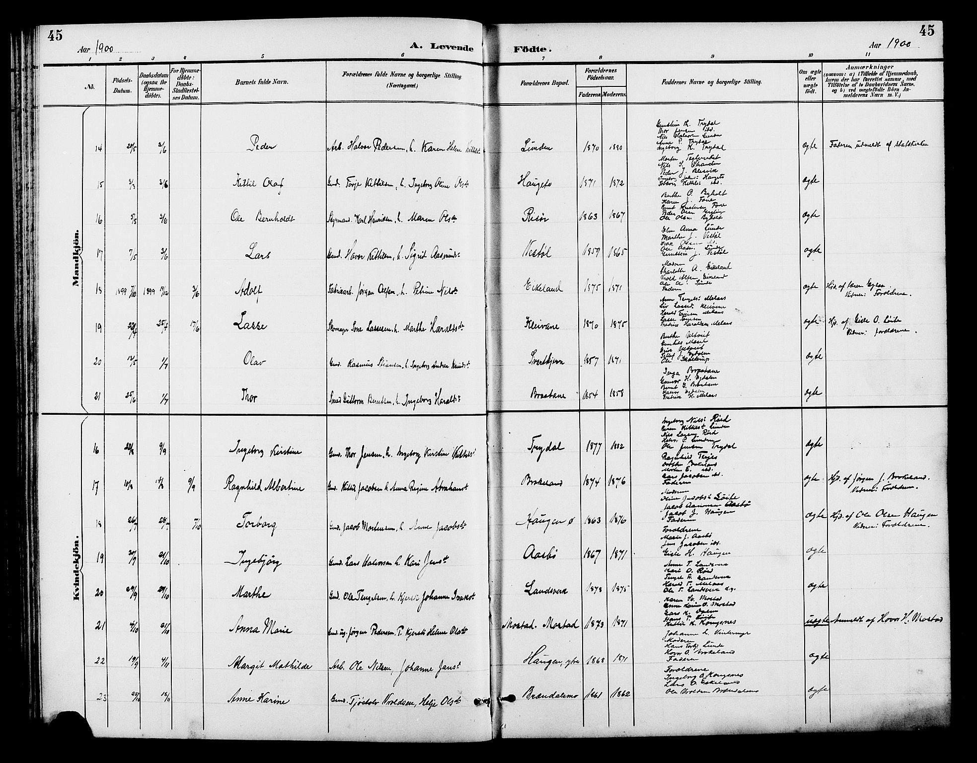 Gjerstad sokneprestkontor, AV/SAK-1111-0014/F/Fb/Fba/L0007: Klokkerbok nr. B 7, 1891-1908, s. 45