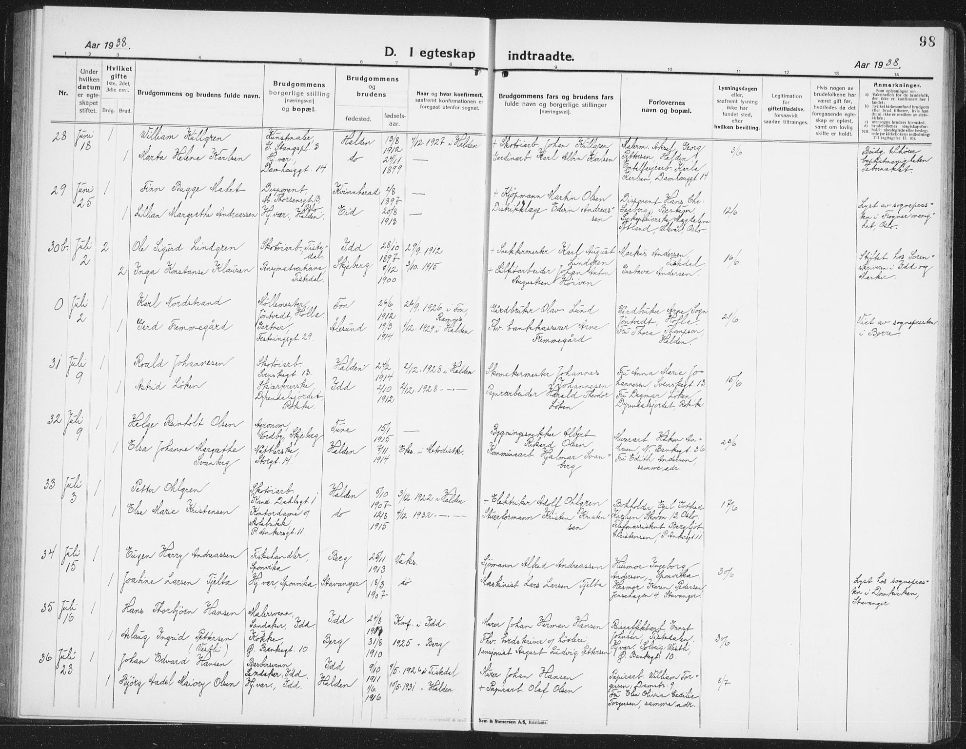 Halden prestekontor Kirkebøker, AV/SAO-A-10909/G/Ga/L0014: Klokkerbok nr. 14, 1925-1943, s. 98