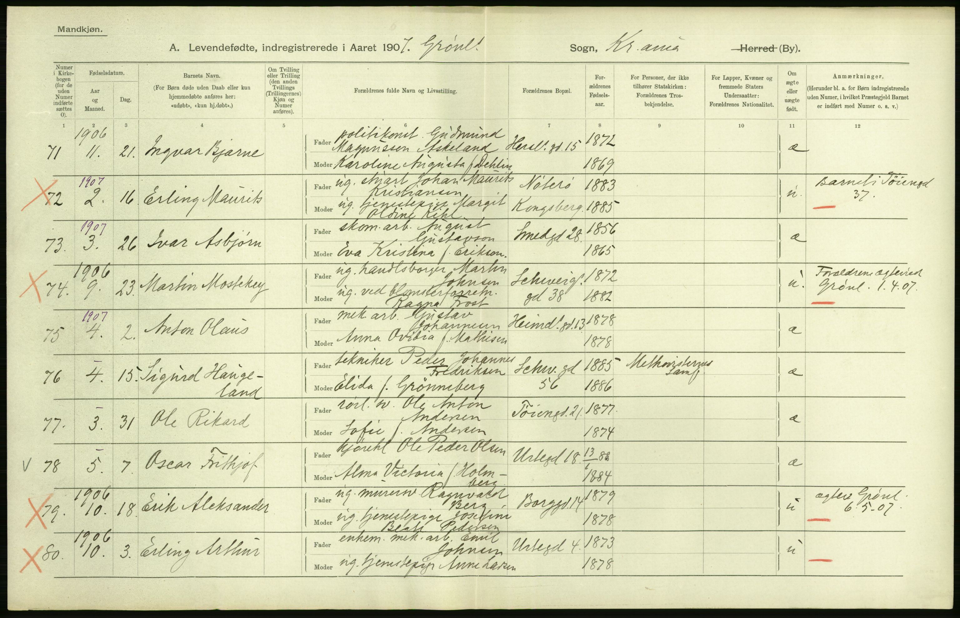 Statistisk sentralbyrå, Sosiodemografiske emner, Befolkning, AV/RA-S-2228/D/Df/Dfa/Dfae/L0007: Kristiania: Levendefødte menn og kvinner., 1907, s. 308