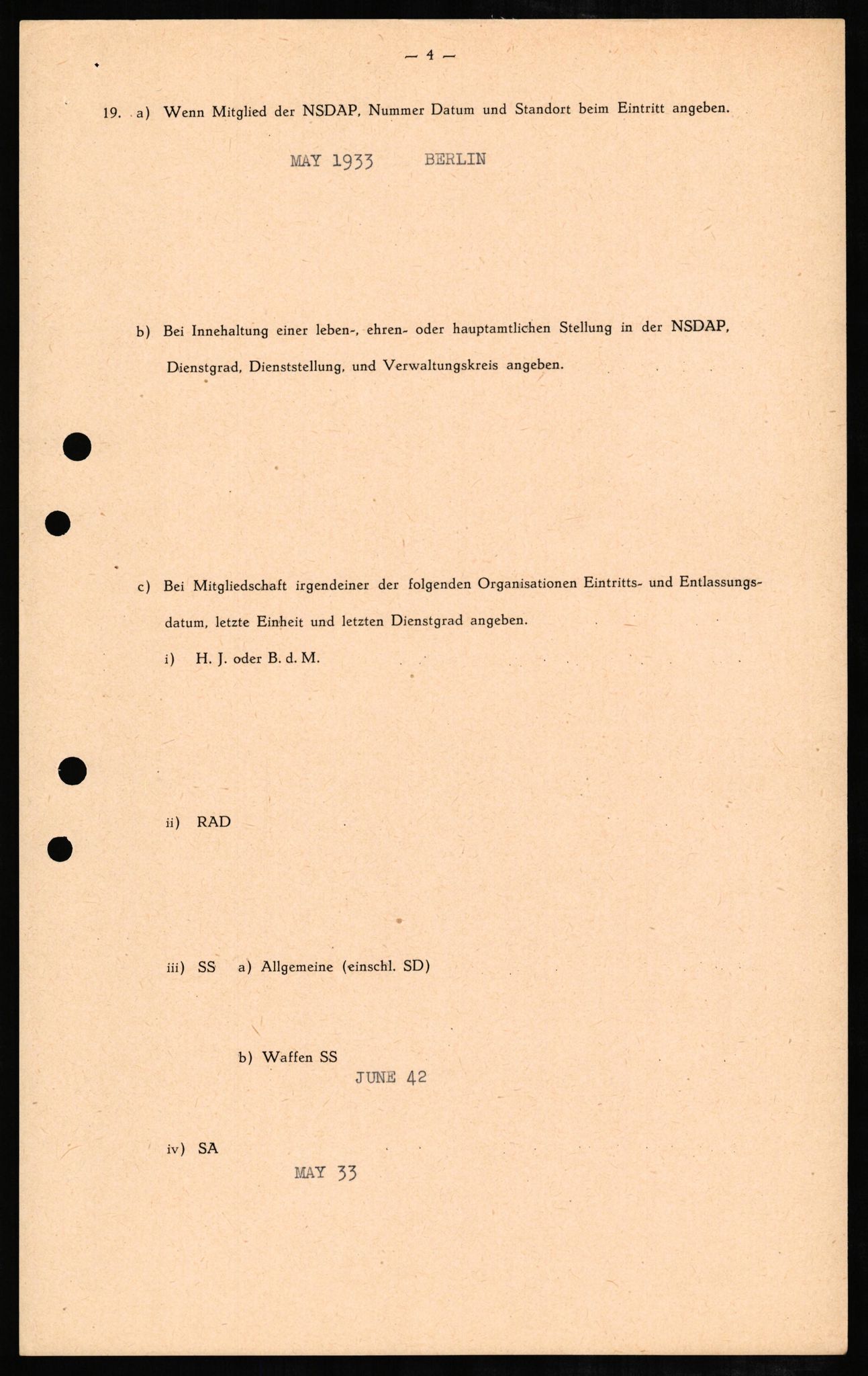Forsvaret, Forsvarets overkommando II, RA/RAFA-3915/D/Db/L0006: CI Questionaires. Tyske okkupasjonsstyrker i Norge. Tyskere., 1945-1946, s. 19