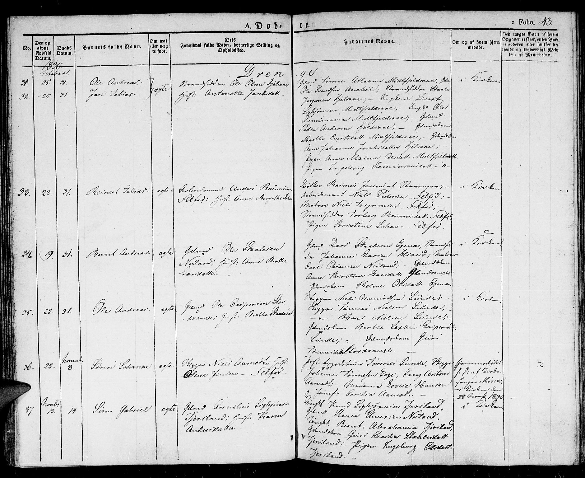 Flekkefjord sokneprestkontor, AV/SAK-1111-0012/F/Fb/Fbc/L0004: Klokkerbok nr. B 4, 1827-1846, s. 43