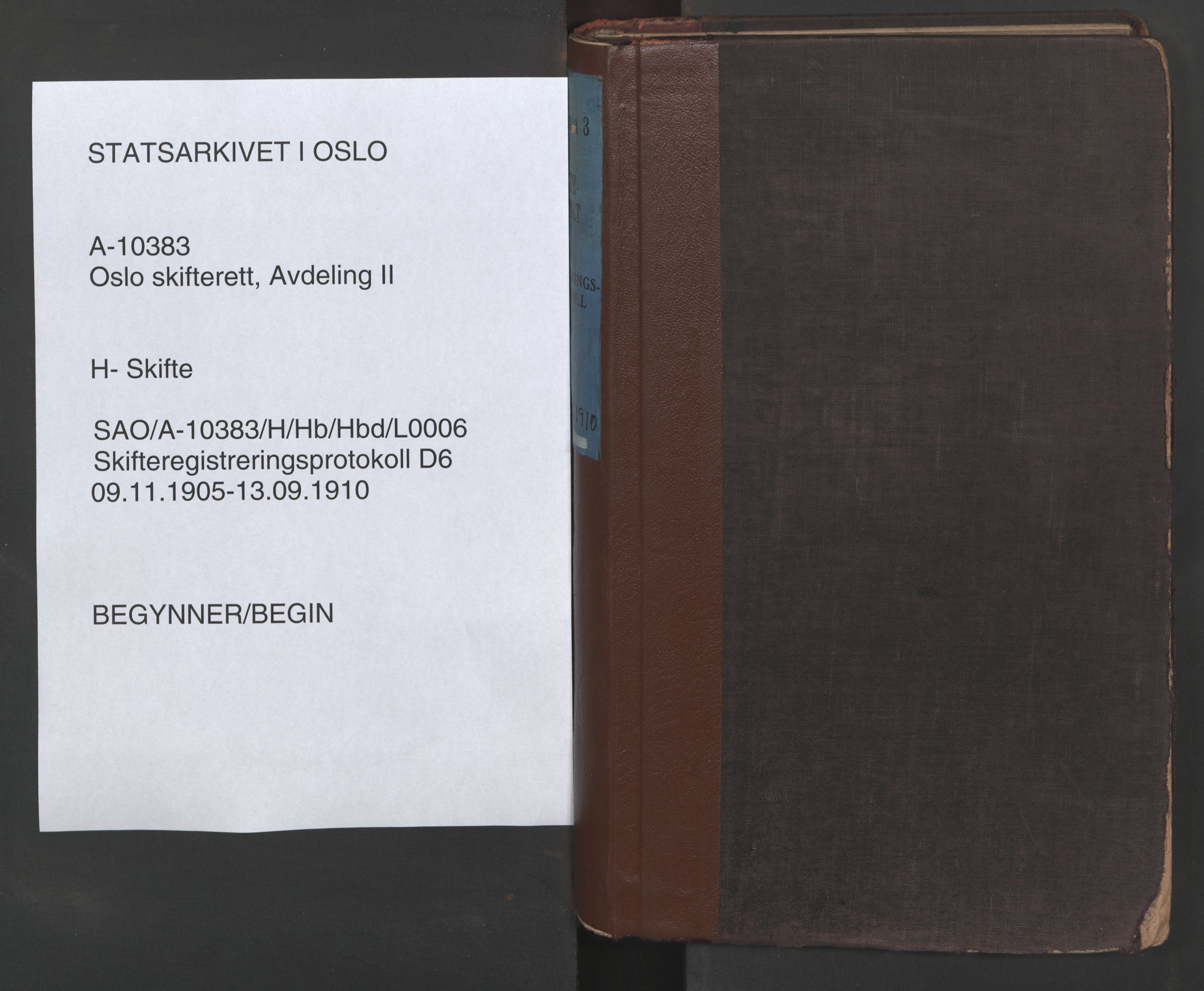 Oslo skifterett, AV/SAO-A-10383/H/Hb/Hbd/L0006: Skifteregistreringsprotokoll, 1905-1910