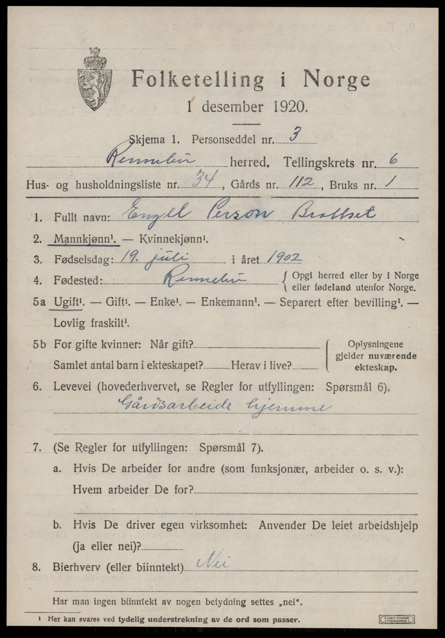 SAT, Folketelling 1920 for 1635 Rennebu herred, 1920, s. 4834
