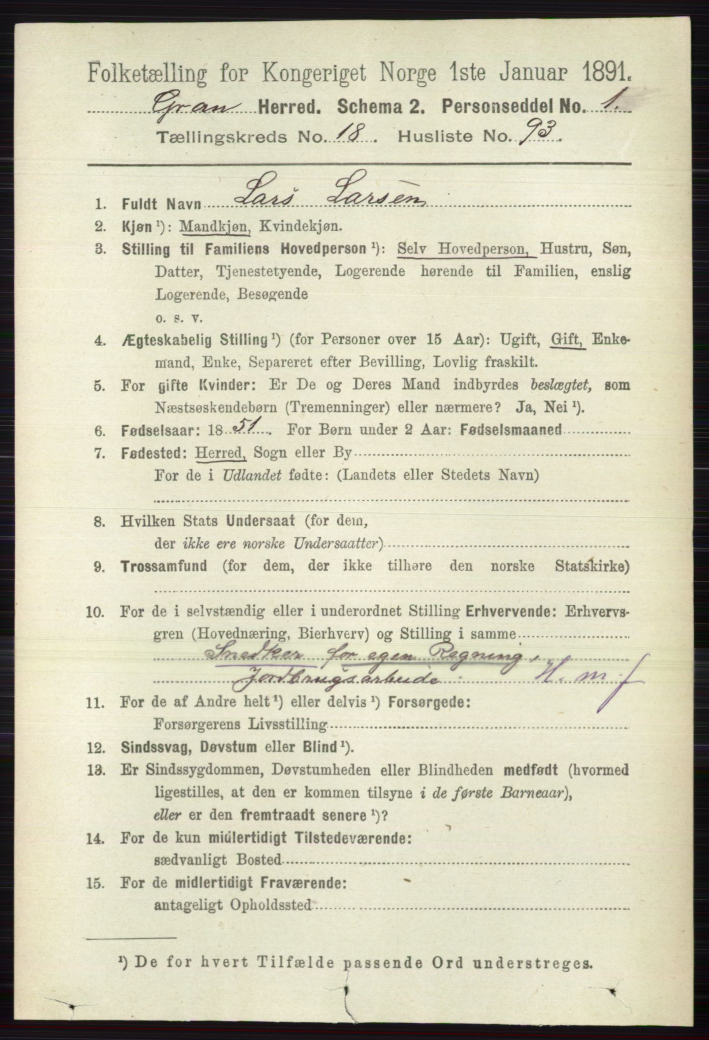 RA, Folketelling 1891 for 0534 Gran herred, 1891, s. 10029