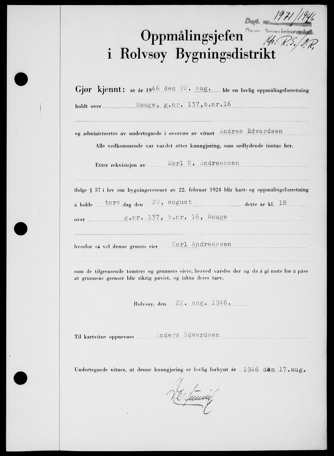 Onsøy sorenskriveri, SAO/A-10474/G/Ga/Gab/L0017: Pantebok nr. II A-17, 1946-1946, Dagboknr: 1971/1946