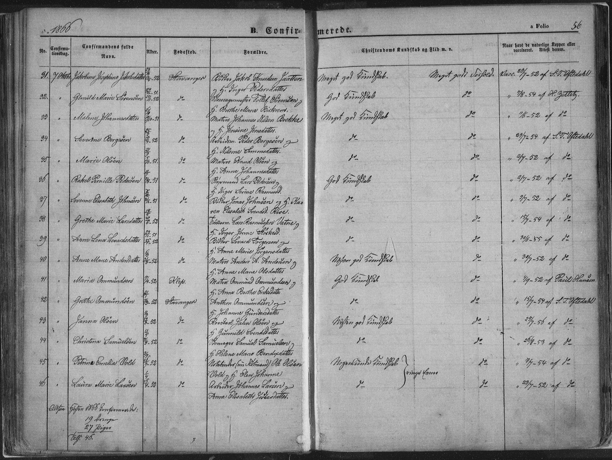 Domkirken sokneprestkontor, AV/SAST-A-101812/001/30/30BA/L0018: Ministerialbok nr. A 17, 1857-1877, s. 56