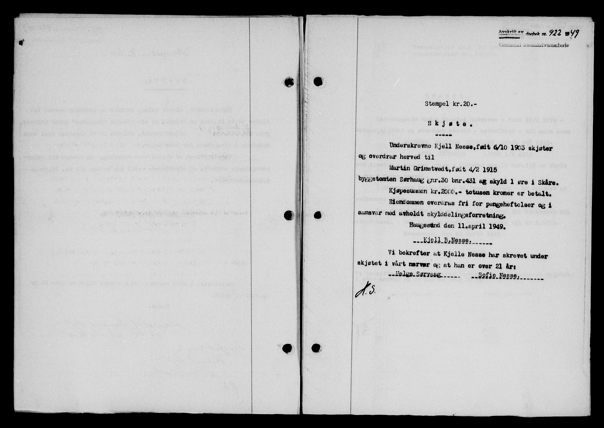 Karmsund sorenskriveri, SAST/A-100311/01/II/IIB/L0095: Pantebok nr. 75A, 1948-1949, Dagboknr: 922/1949
