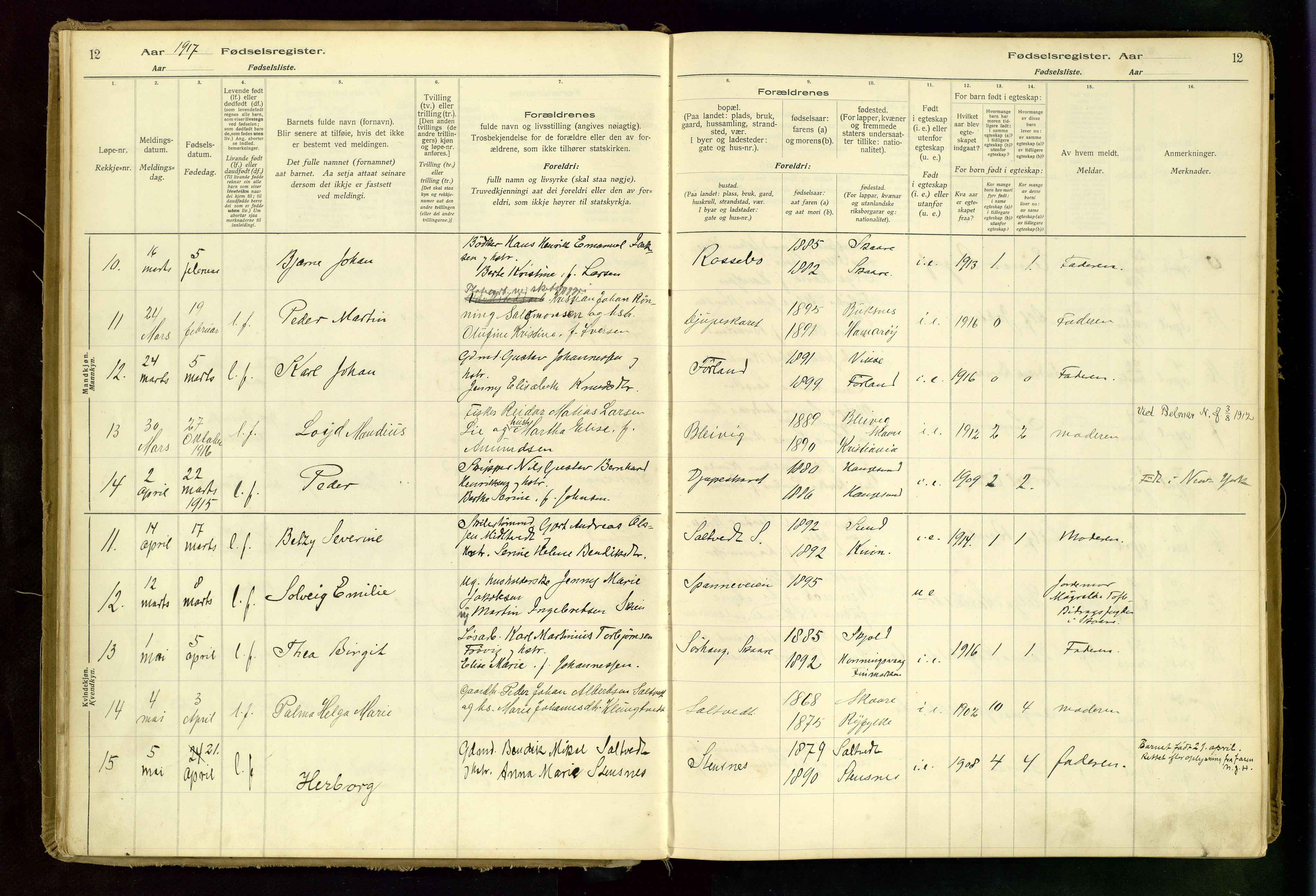 Haugesund sokneprestkontor, AV/SAST-A -101863/I/Id/L0001: Fødselsregister nr. 1, 1916-1935, s. 12