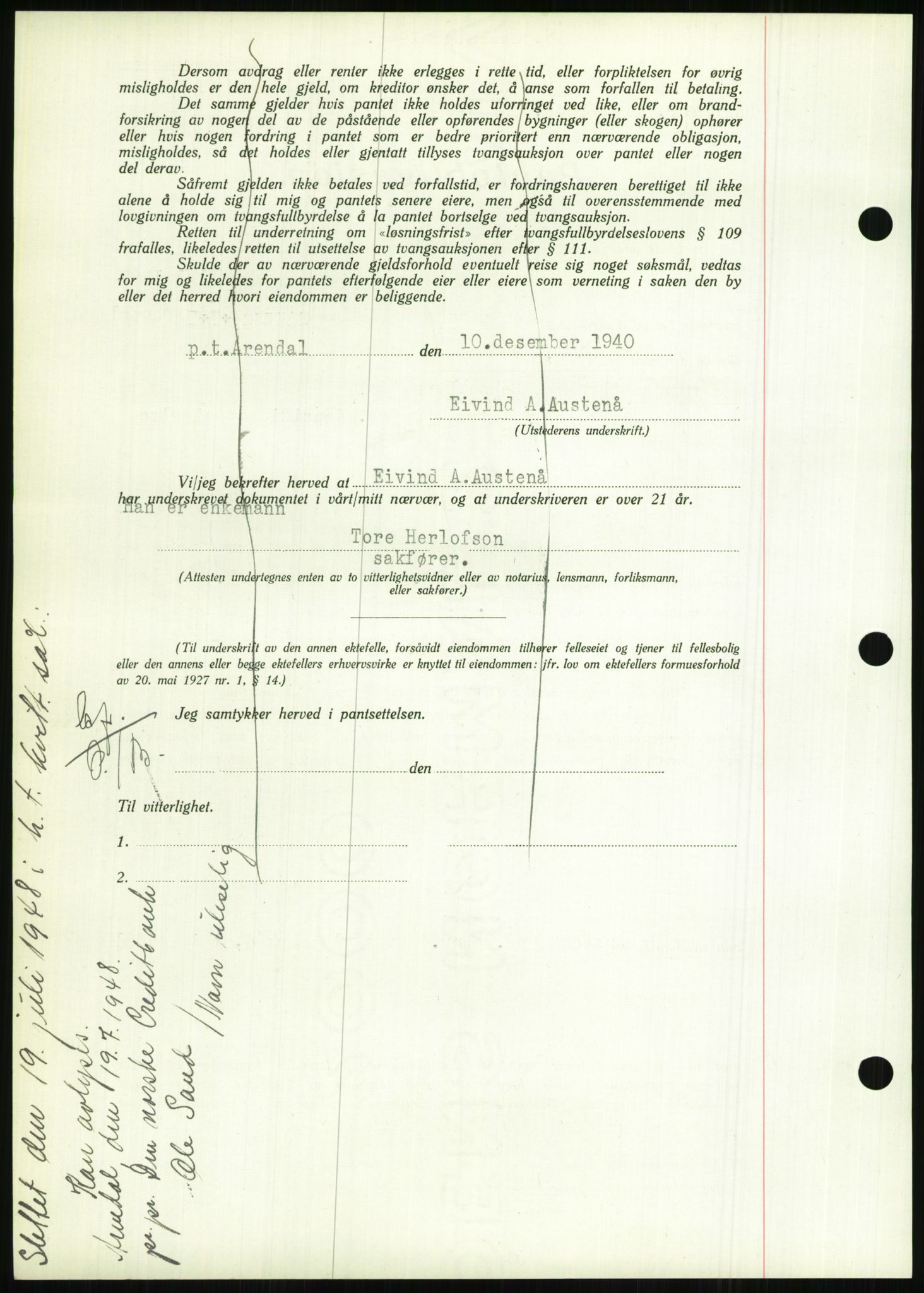 Nedenes sorenskriveri, AV/SAK-1221-0006/G/Gb/Gbb/L0001: Pantebok nr. I, 1939-1942, Dagboknr: 1147/1940