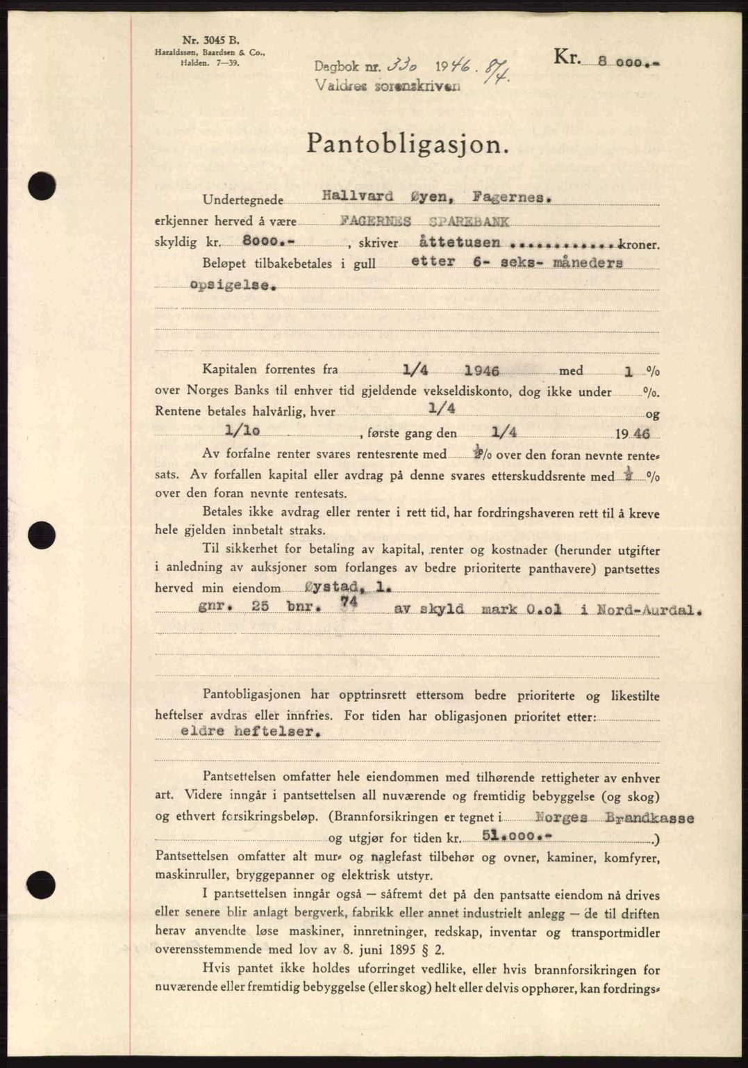 Valdres sorenskriveri, SAH/TING-016/H/Hb/Hbc/L0017: Pantebok nr. B17, 1946-1946, Dagboknr: 330/1946