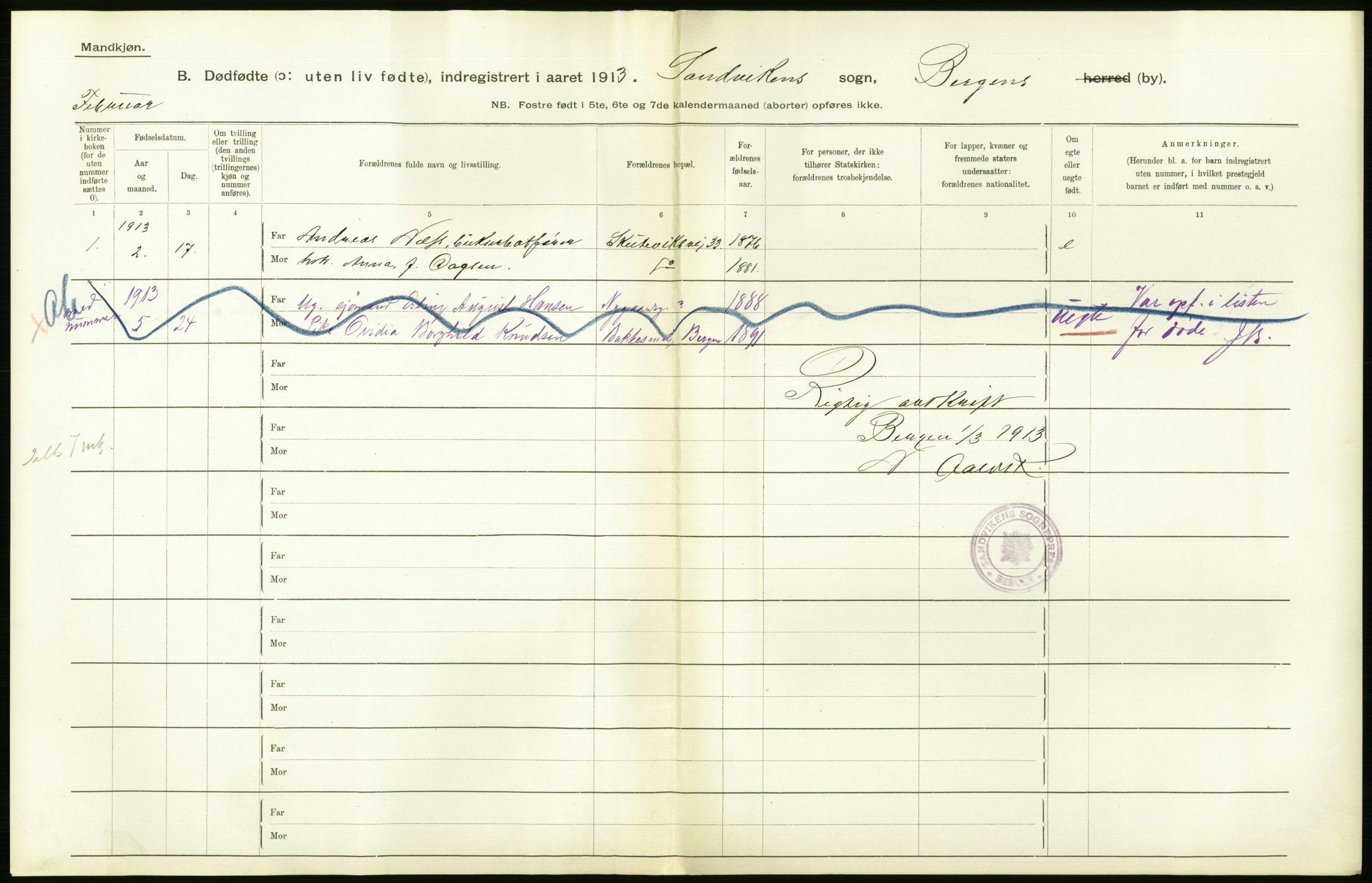 Statistisk sentralbyrå, Sosiodemografiske emner, Befolkning, AV/RA-S-2228/D/Df/Dfb/Dfbc/L0031: Bergen: Gifte, døde, dødfødte., 1913, s. 634