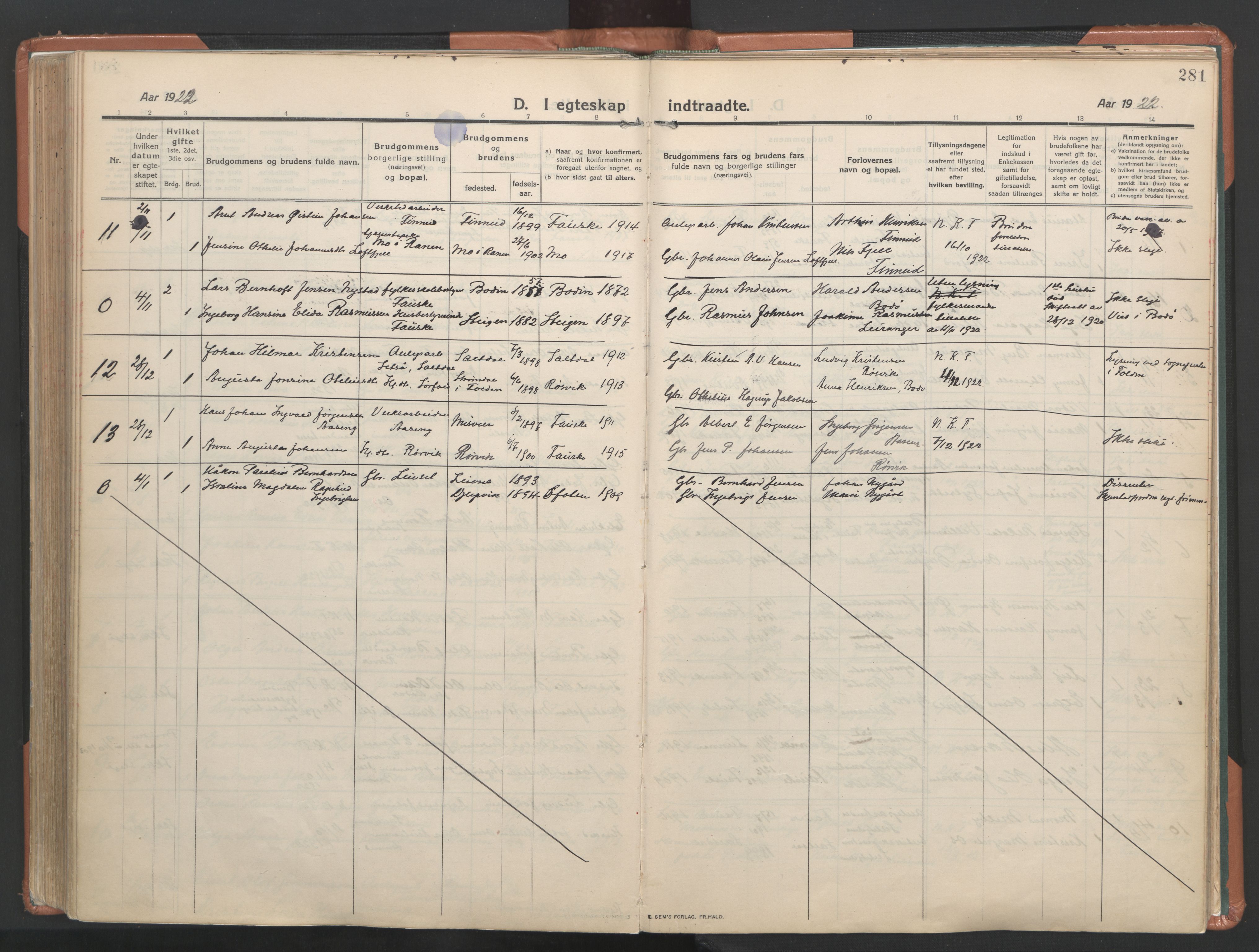 Ministerialprotokoller, klokkerbøker og fødselsregistre - Nordland, AV/SAT-A-1459/849/L0698: Ministerialbok nr. 849A09, 1911-1924, s. 281