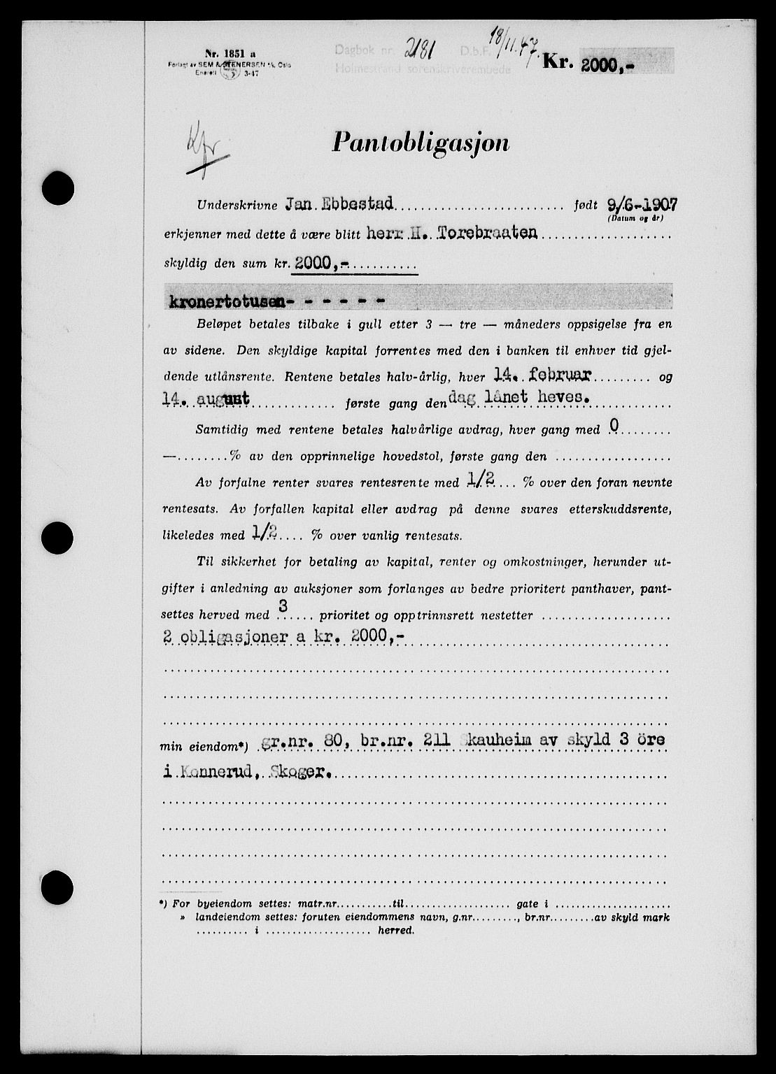Holmestrand sorenskriveri, SAKO/A-67/G/Ga/Gab/L0058: Pantebok nr. B-58, 1947-1948, Dagboknr: 2181/1947