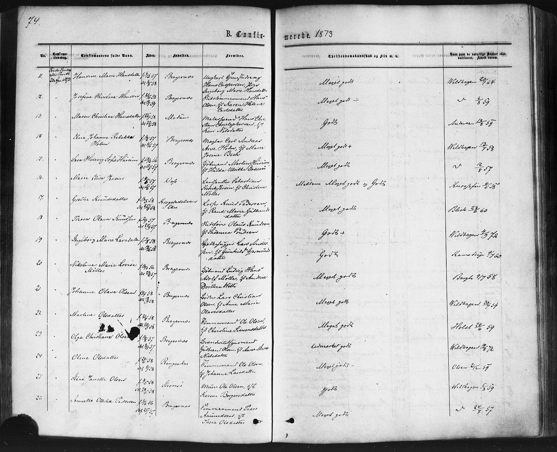 Bragernes kirkebøker, AV/SAKO-A-6/F/Fc/L0003: Ministerialbok nr. III 3, 1865-1874, s. 74