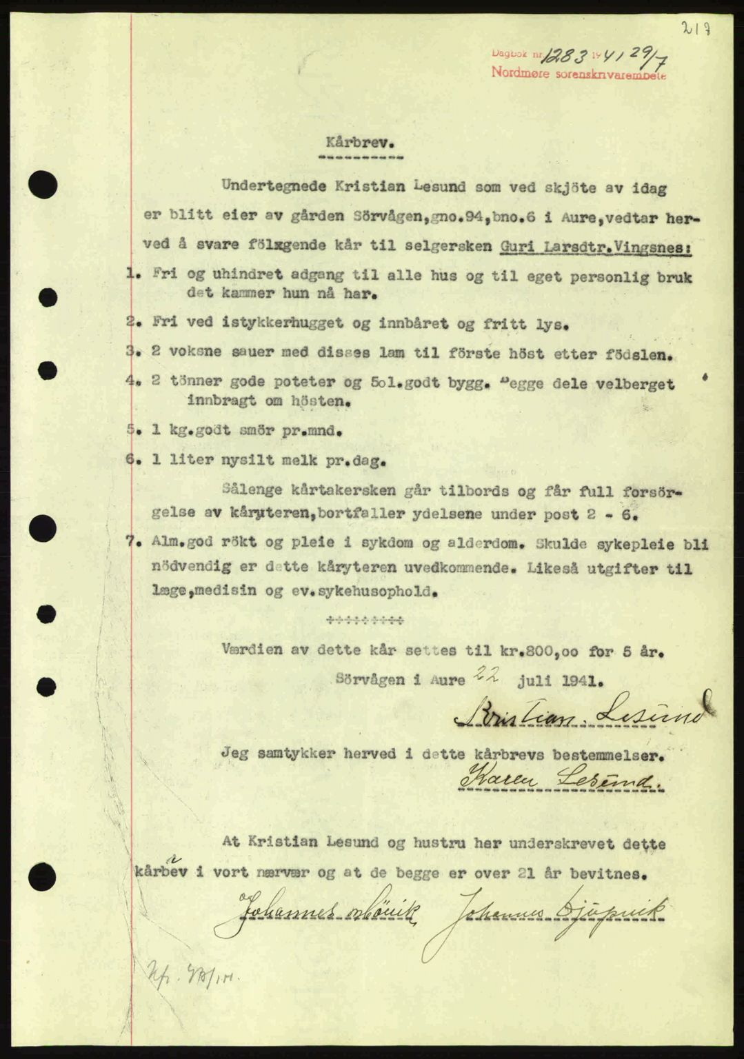 Nordmøre sorenskriveri, SAT/A-4132/1/2/2Ca: Pantebok nr. B88, 1941-1942, Dagboknr: 1283/1941