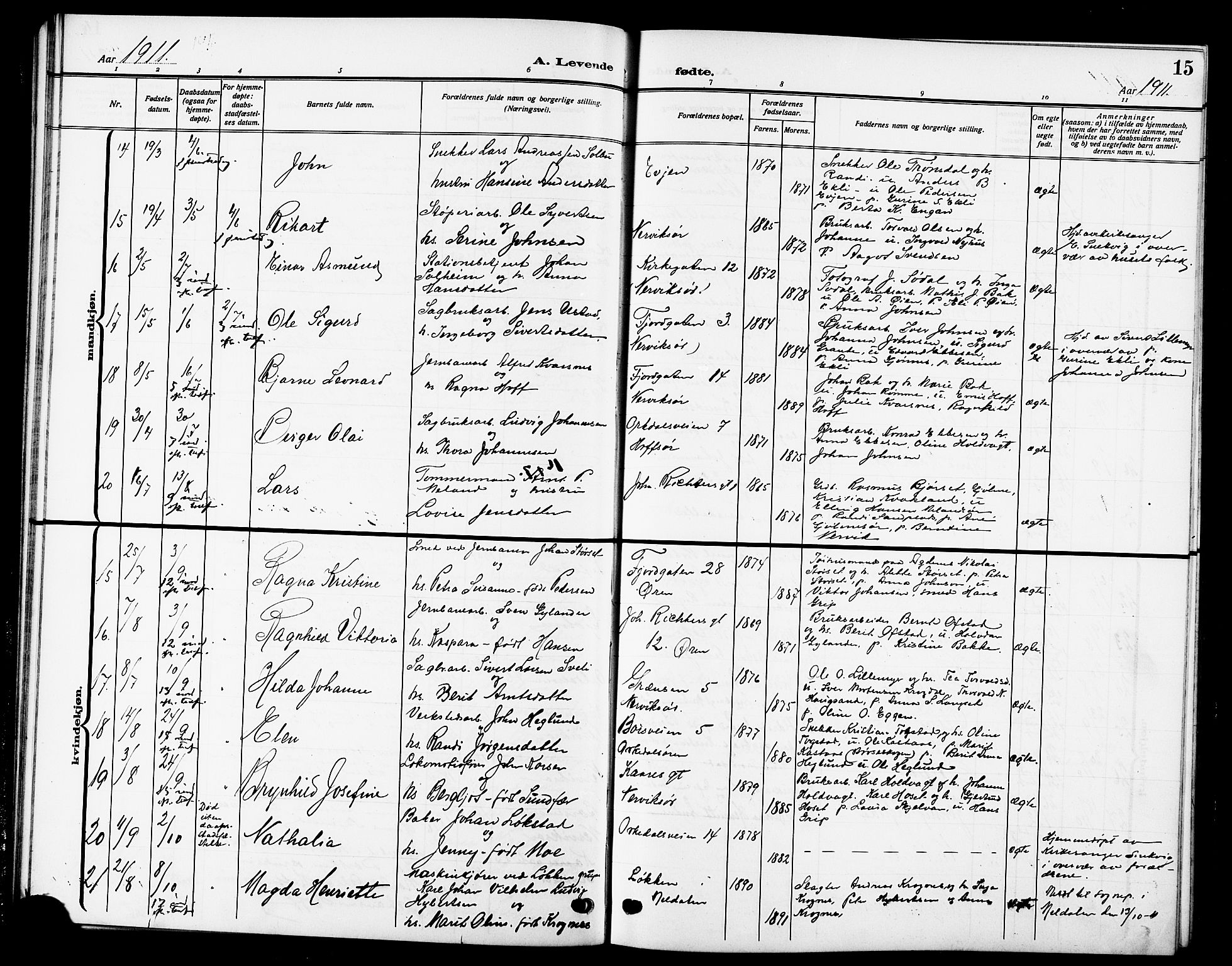 Ministerialprotokoller, klokkerbøker og fødselsregistre - Sør-Trøndelag, SAT/A-1456/669/L0831: Klokkerbok nr. 669C01, 1909-1924, s. 15